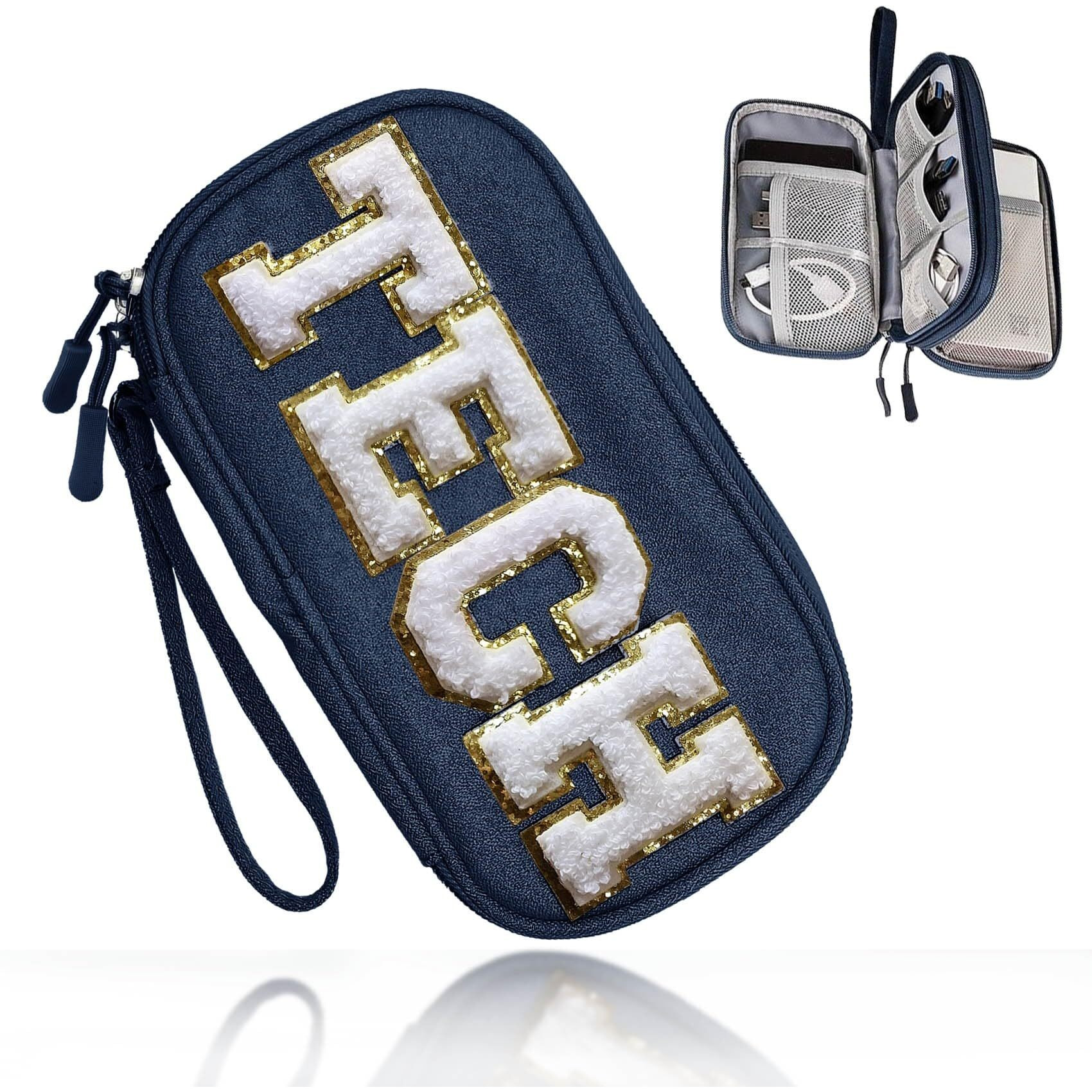 Coshaysoo Small Electronics Organizer Bag With Chenille Letter Patch Tech For Men Women Travel Gift, Cord Charger Cable Traveling Accessory Pouch Essential Supply Storage Case (Navy Blue)