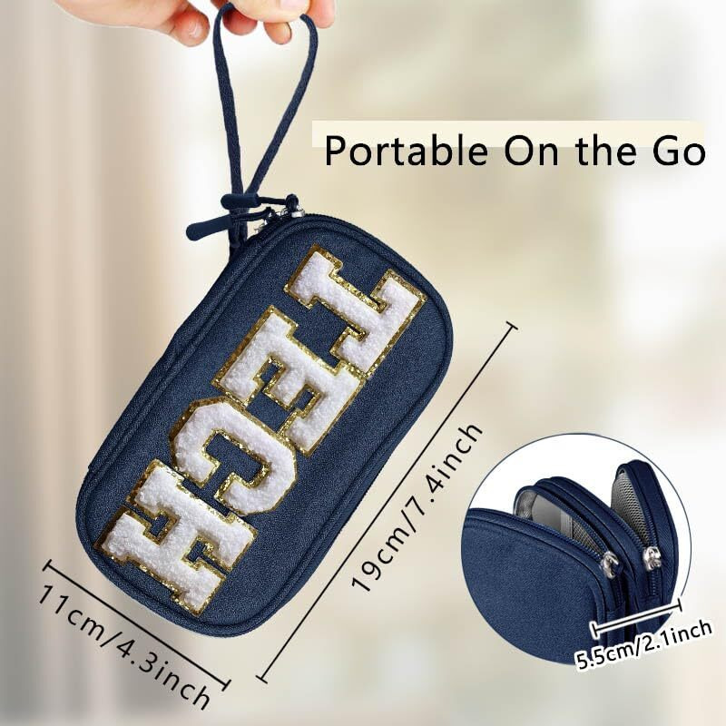 Coshaysoo Small Electronics Organizer Bag With Chenille Letter Patch Tech For Men Women Travel Gift, Cord Charger Cable Traveling Accessory Pouch Essential Supply Storage Case (Navy Blue)