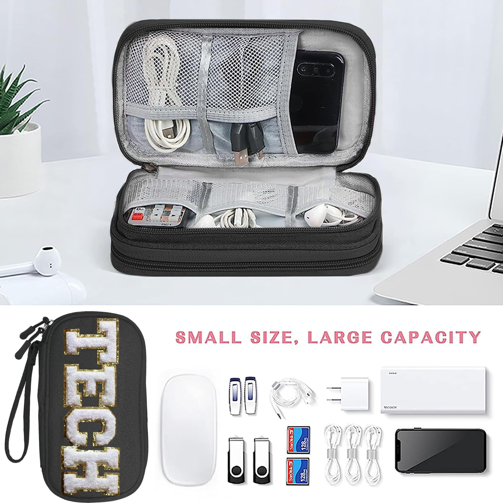 Coshaysoo Small Electronics Organizer Bag With Chenille Letter Patch Tech For Men Women Travel Gift, Cord Charger Cable Traveling Accessory Pouch Essential Supply Storage Case (Navy Blue)