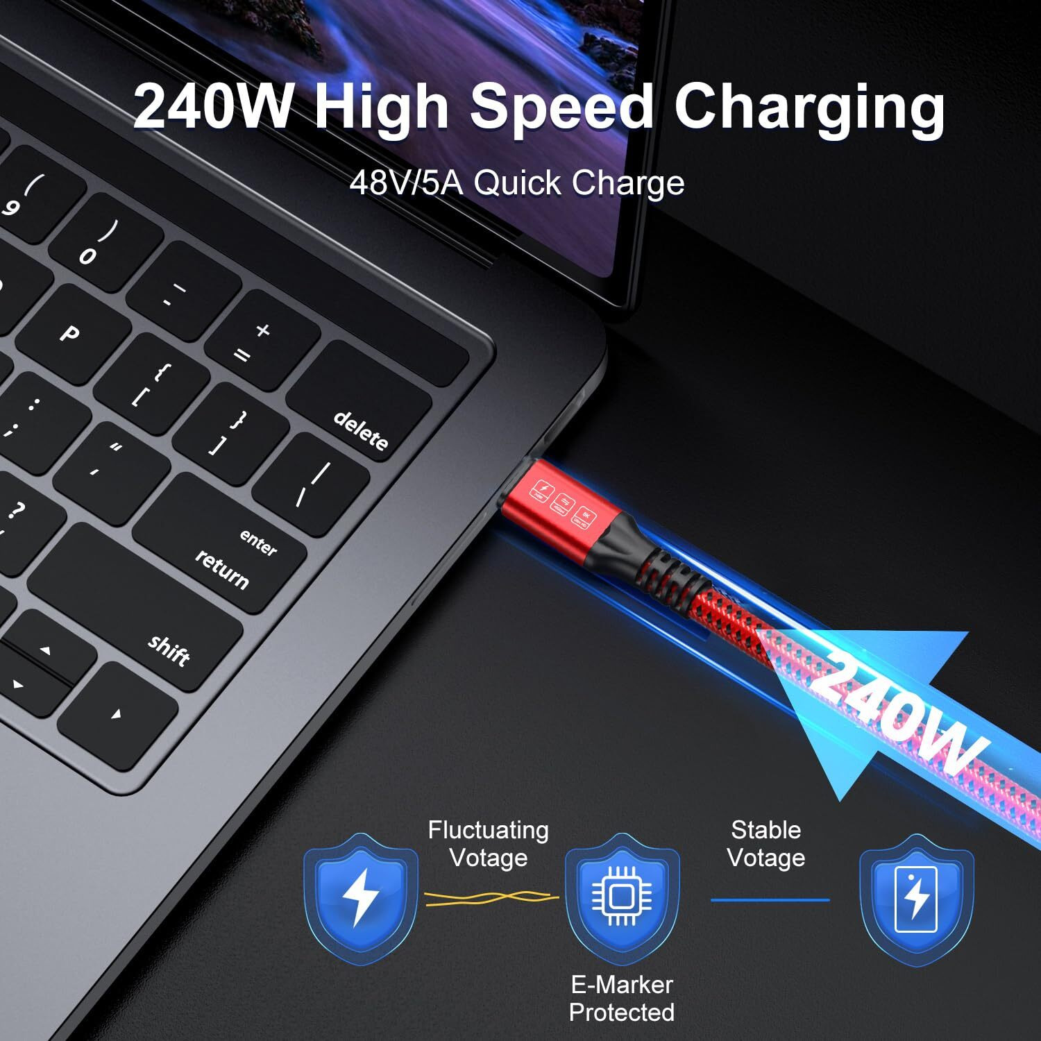 240W Thunderbolt 4 Cable 6.6Ft, Usb C Thunderbolt 4 Cable Monitor Cable Supports 40Gbps Data Transfer And Single 8K/Dual 4K Video Compatible With Thunderbolt 4/3 Monitor, Hub, Docking Stations-Red