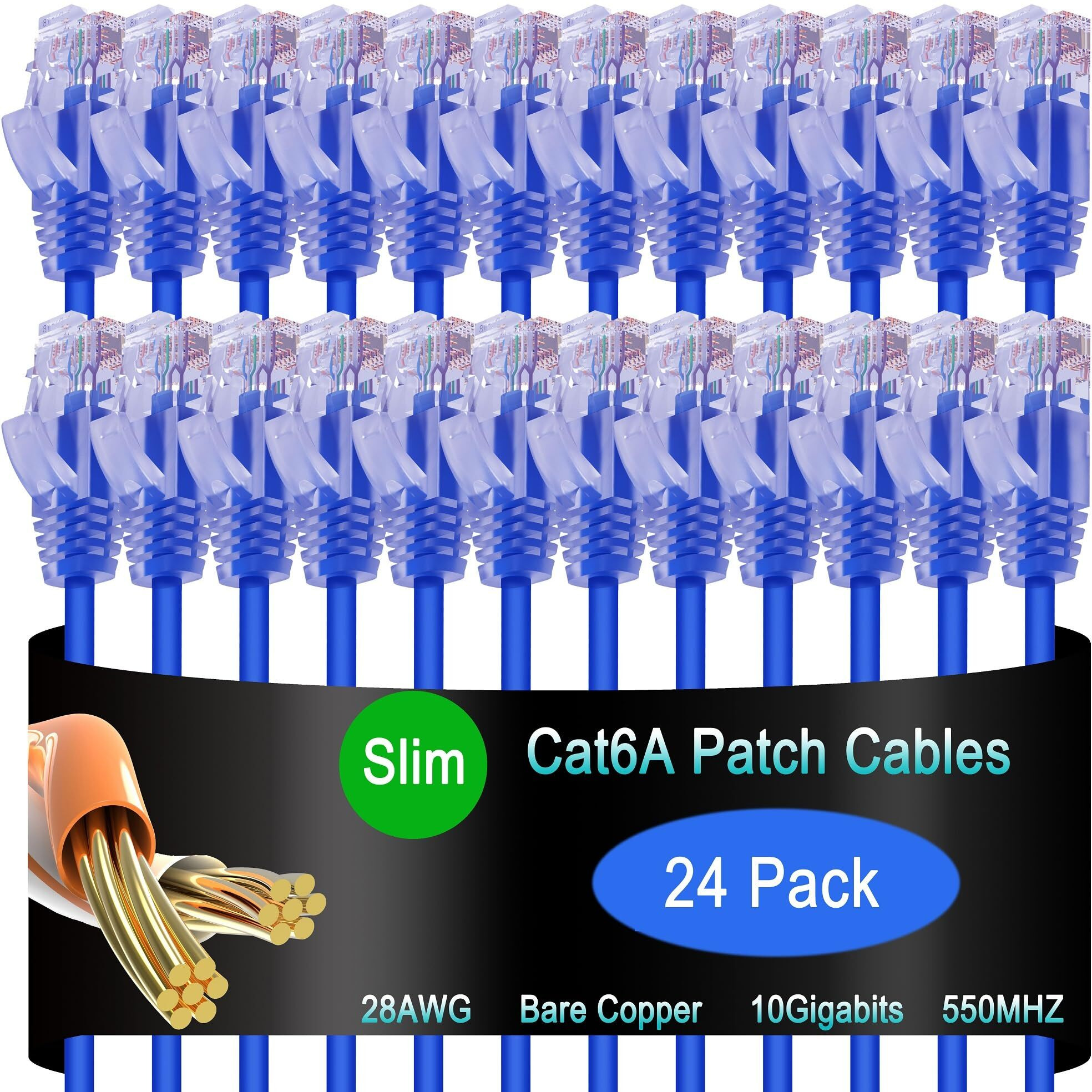 Lysymixs Cat6A Slim Ethernet Patch Cable 0.5 Ft (24 Pack), Cat6A Patch Cable For Data Centers, Cat 6 Patch Cable 10G, Network Patch Cables For Home And Enterprise Network -Blue