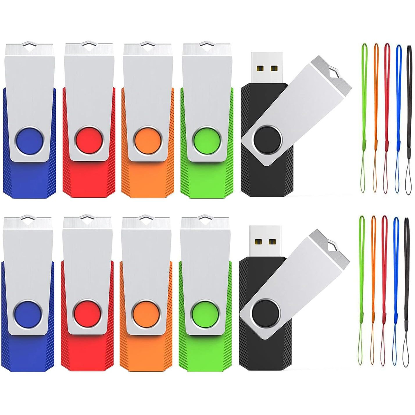 Usb Flash Drive 4Gb 10 Pack, Wooolken Usb 2.0 Memory Stick With Lanyards Swivel Thumb Drives Bulk Multi Pack Usb Drive Pendrive Jump Zip Drive(Mixed Colors Black Red Blue Orange Green)