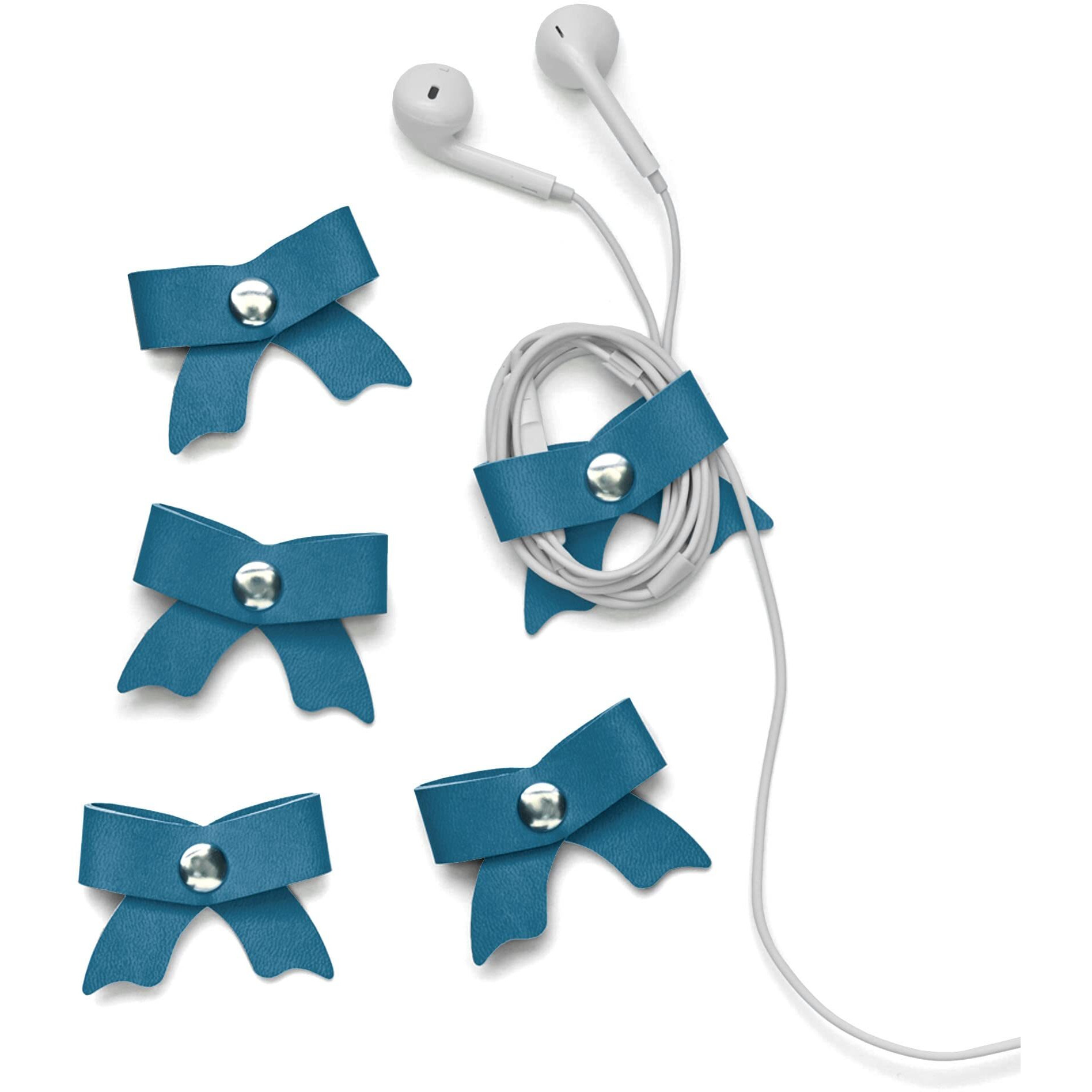Senseage 5 Pack Cord Organizer, Bow Cord Keeper, Cable Organizer Usb Holder, Leather Cable Management, Cable Straps, Earphone Winder, Storage Straps For Electronics, Earbuds, Small, Blue