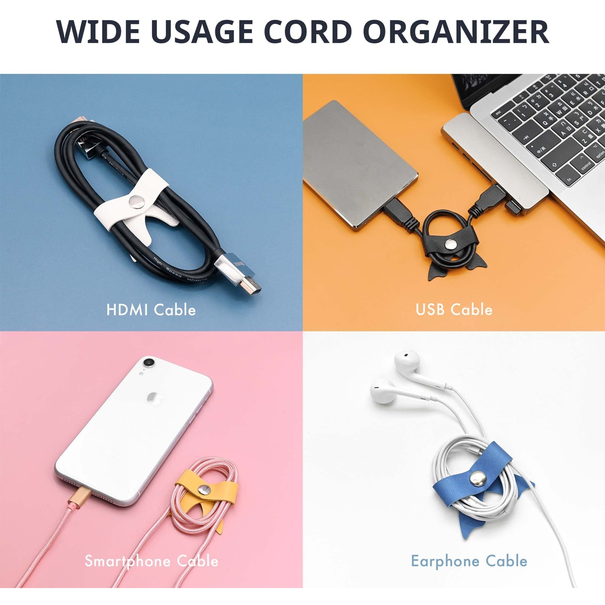 Senseage 5 Pack Cord Organizer, Bow Cord Keeper, Cable Organizer Usb Holder, Leather Cable Management, Cable Straps, Earphone Winder, Storage Straps For Electronics, Earbuds, Small, Blue