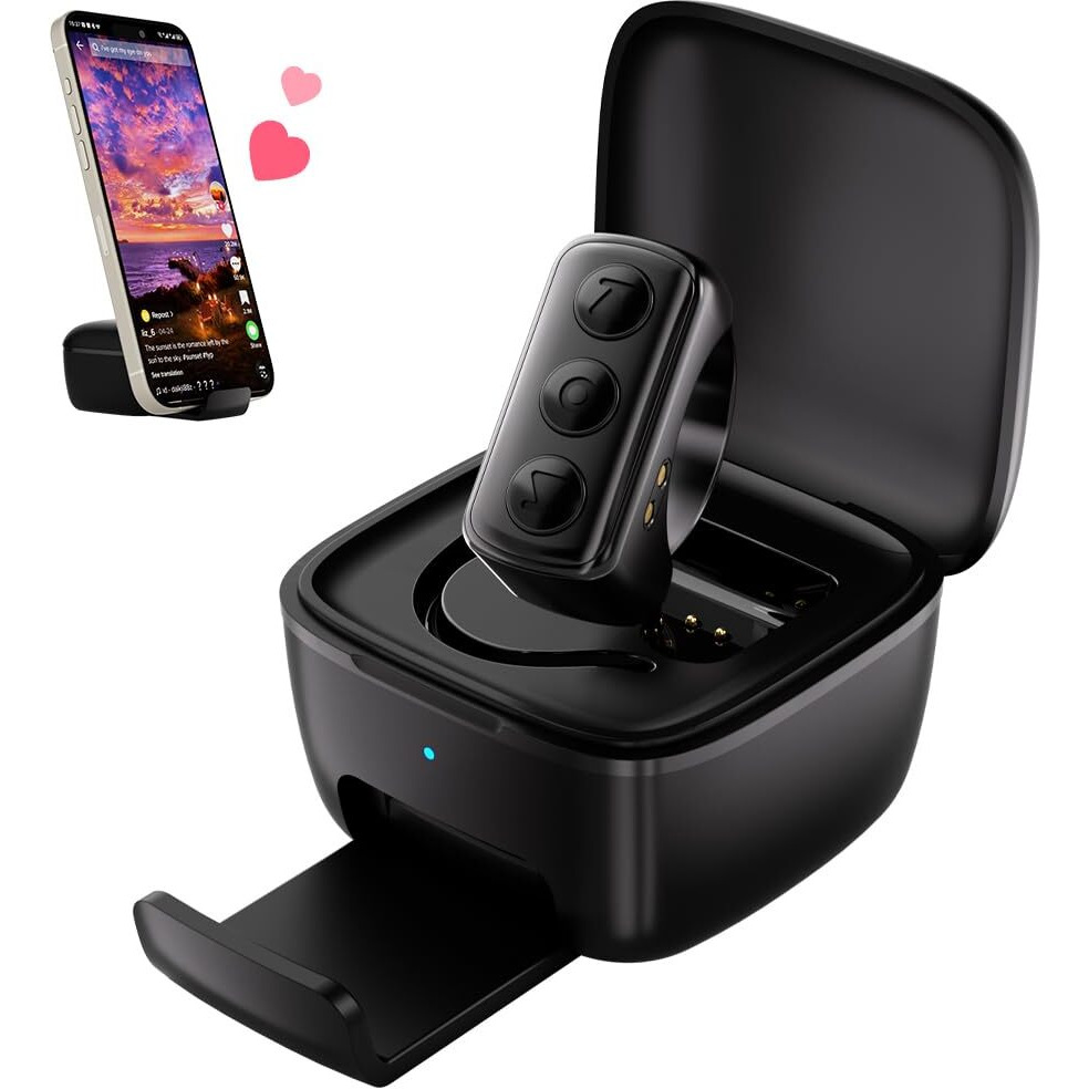 Remote Scrolling Ring For Tiktok, 2-In-1 Tik Tok Scroller Ring With Phone Holder, Wireless Page Turner For Ipad/Iphone Ebook Reading, Photo Taking Video Recording Remote For Ios Android Devices Black