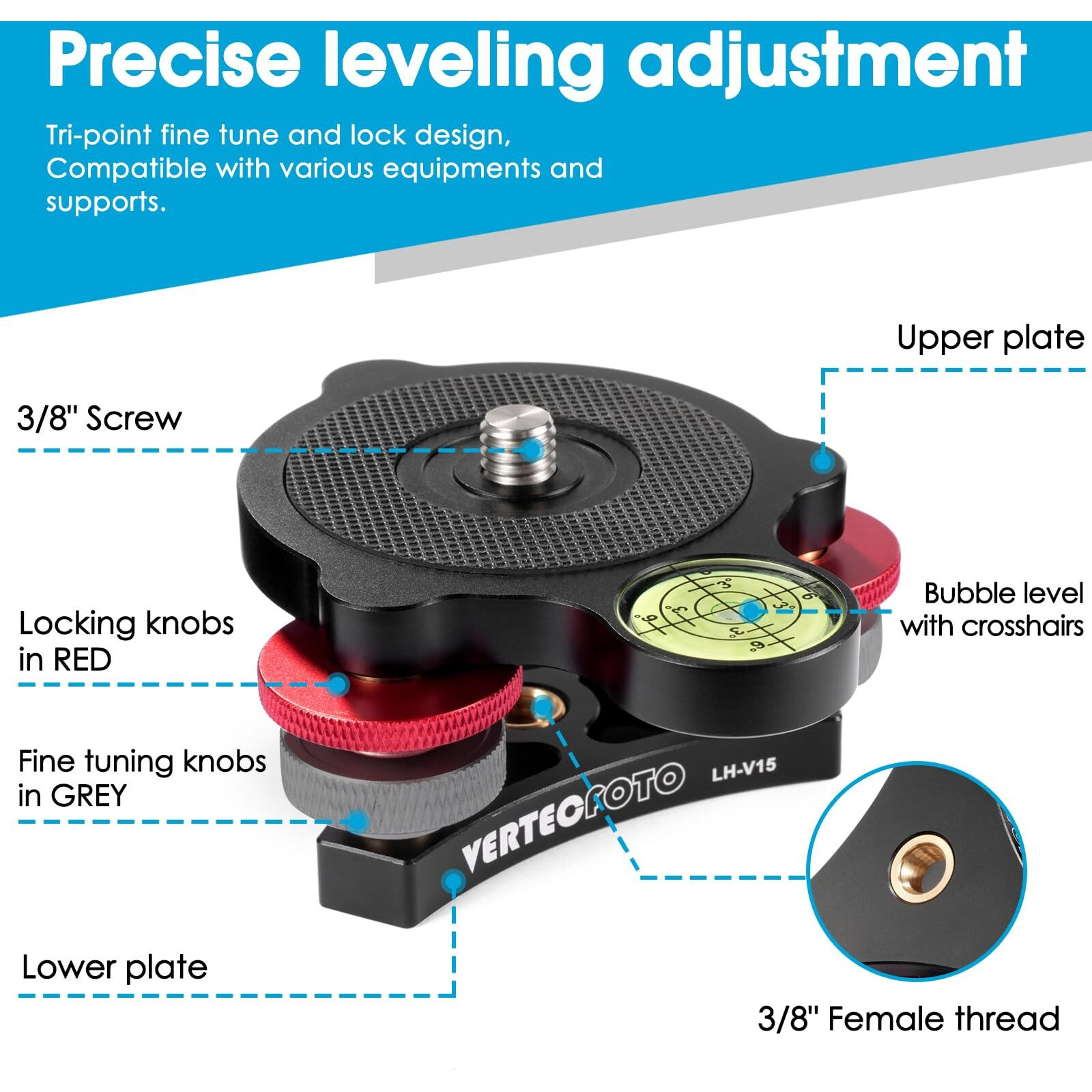 Vertecfoto Upgraded Tripod Leveling Base  Bigger Bubble Level W/Crosshair, Fine Leveling Faster Enlarged Lock Knobs, Lock Easier, Perfect For A Smart Telescope Or Panos Max Load 33 Ib