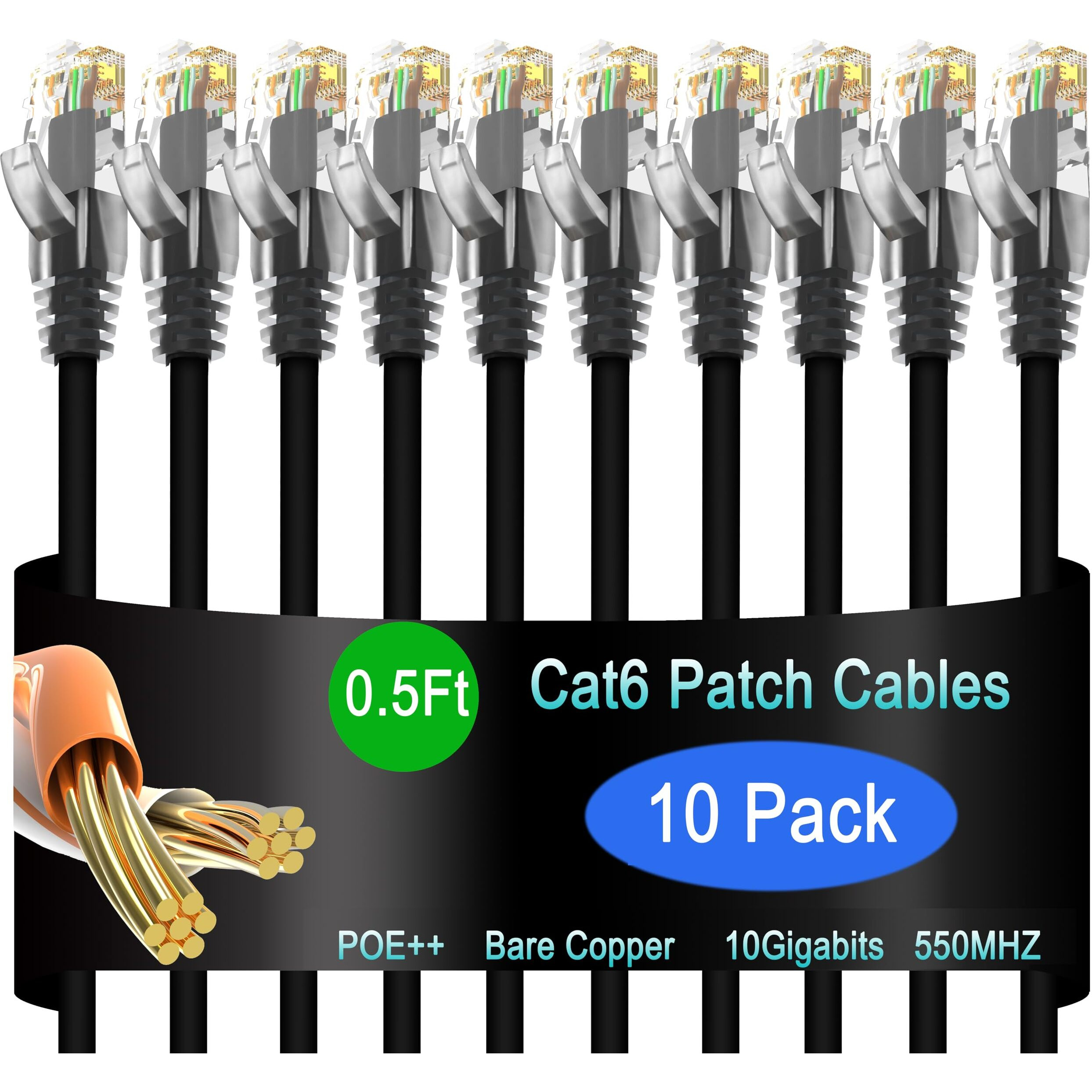 Lysymixs Cat6 Ethernet Patch Cable 0.5 Ft (10 Pack), Cat6 Patch Cable For Data Centers, Cat 6 Patch Cable 10G, Network Patch Cables For Home And Enterprise Network -Black