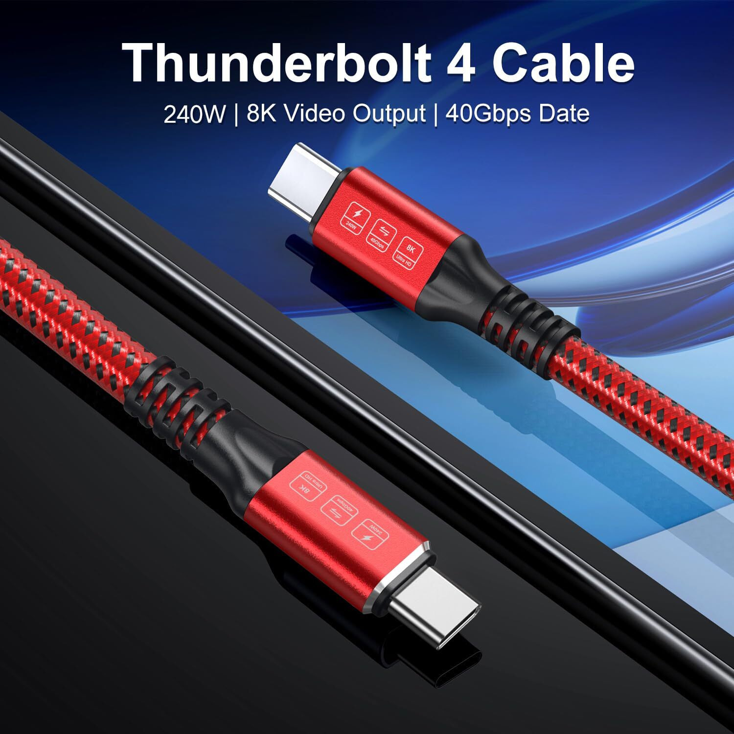 240W Thunderbolt 4 Cable 3Ft, Usb C Thunderbolt 4 Cable Monitor Cable Supports 40Gbps Data Transfer And Single 8K/Dual 4K Video Compatible With Thunderbolt 4/3 Monitor, Hub, Docking Stations-Red