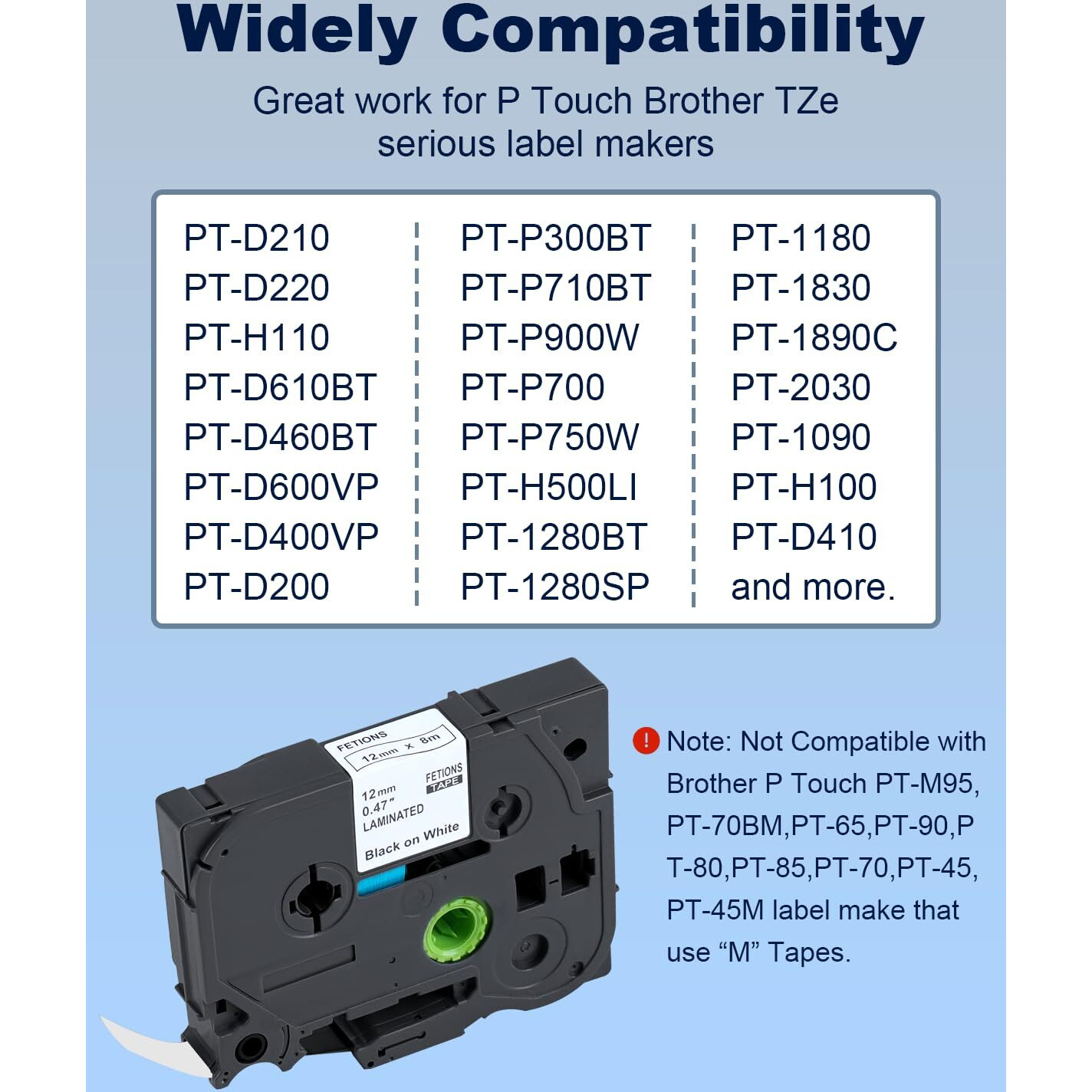 Label Maker Tape Tze-231 Replacement For Brother P-Touch Label Maker Pt-D210 D220 H110 D600 D400 By Fetions, Compatible With Tze Tz 12Mm X 8M 0.47 Laminated Waterproof Tape, Black On White,6 Pack