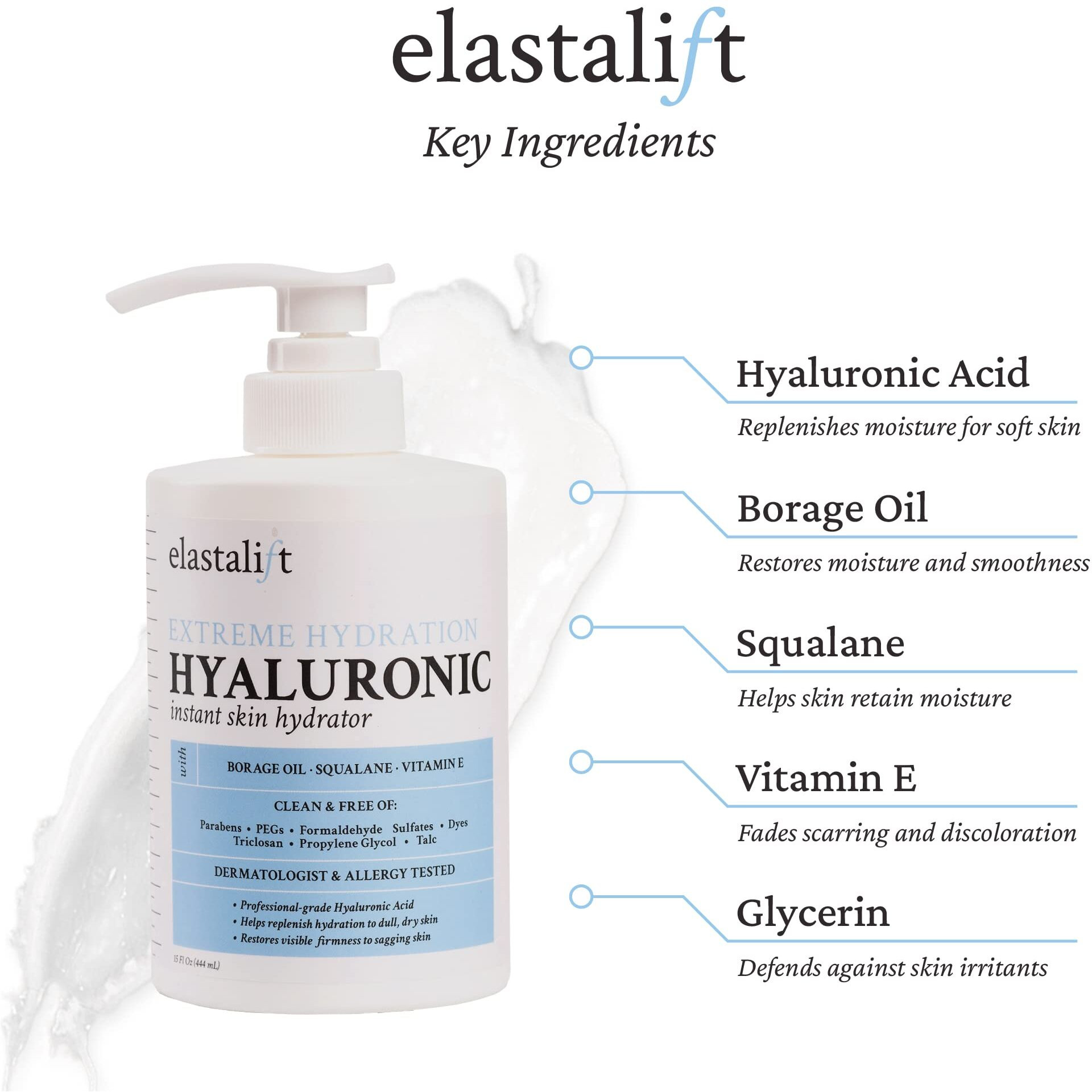 Elastalift Hyaluronic Acid Moisturizer Body Lotion | Anti Aging Skin Care Body Cream & Face Lotion Diminishes Look Of Wrinkles, Sagging Skin, Crepey Skin, Cellulite, Stretch Marks, Dry Skin, 15 Fl Oz