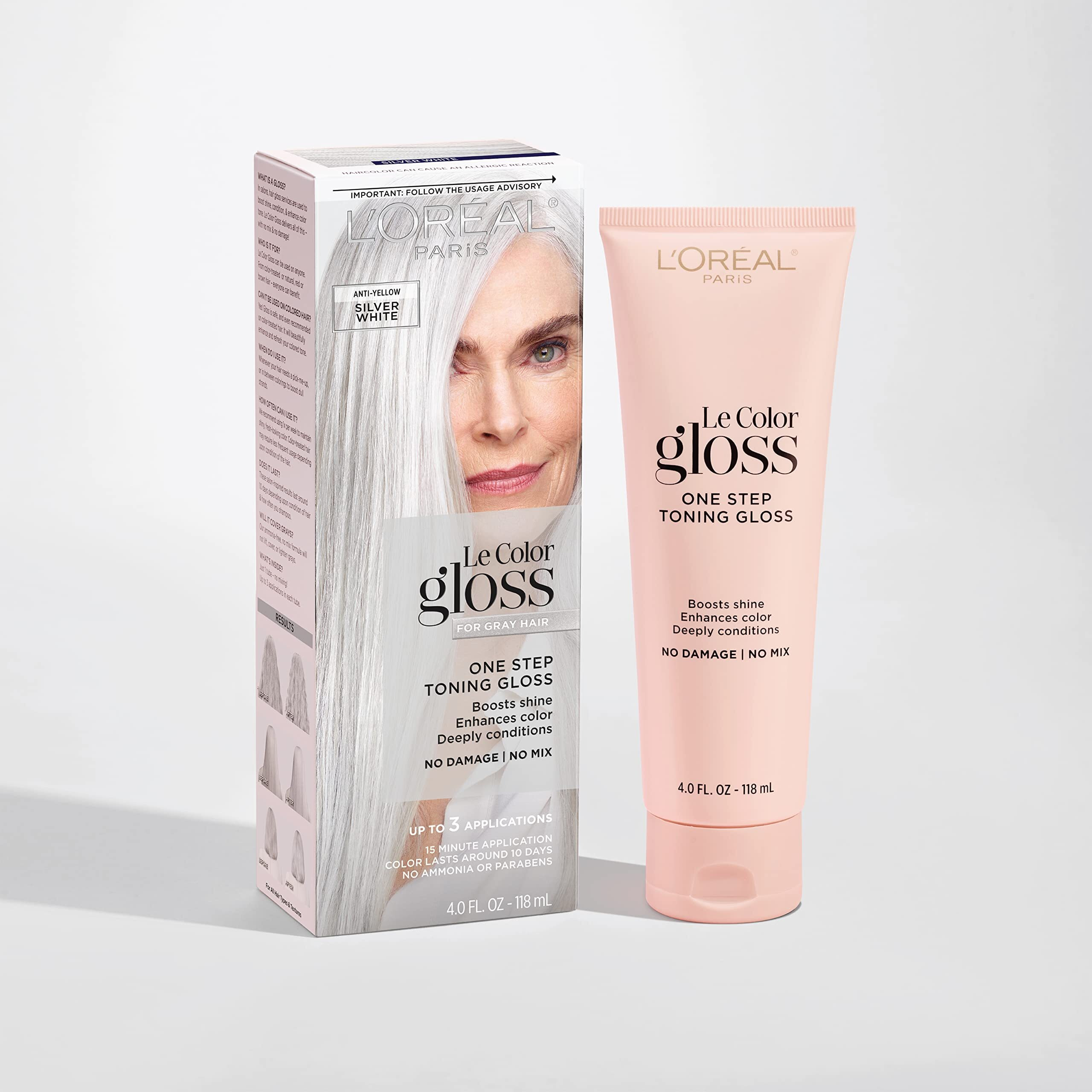 L'Oreal Paris Le Color Gloss One Step Toning Gloss, In-Shower Hair Toner With Deep Conditioning Treatment Formula For Gray Hair, Silver White, 1 Kit