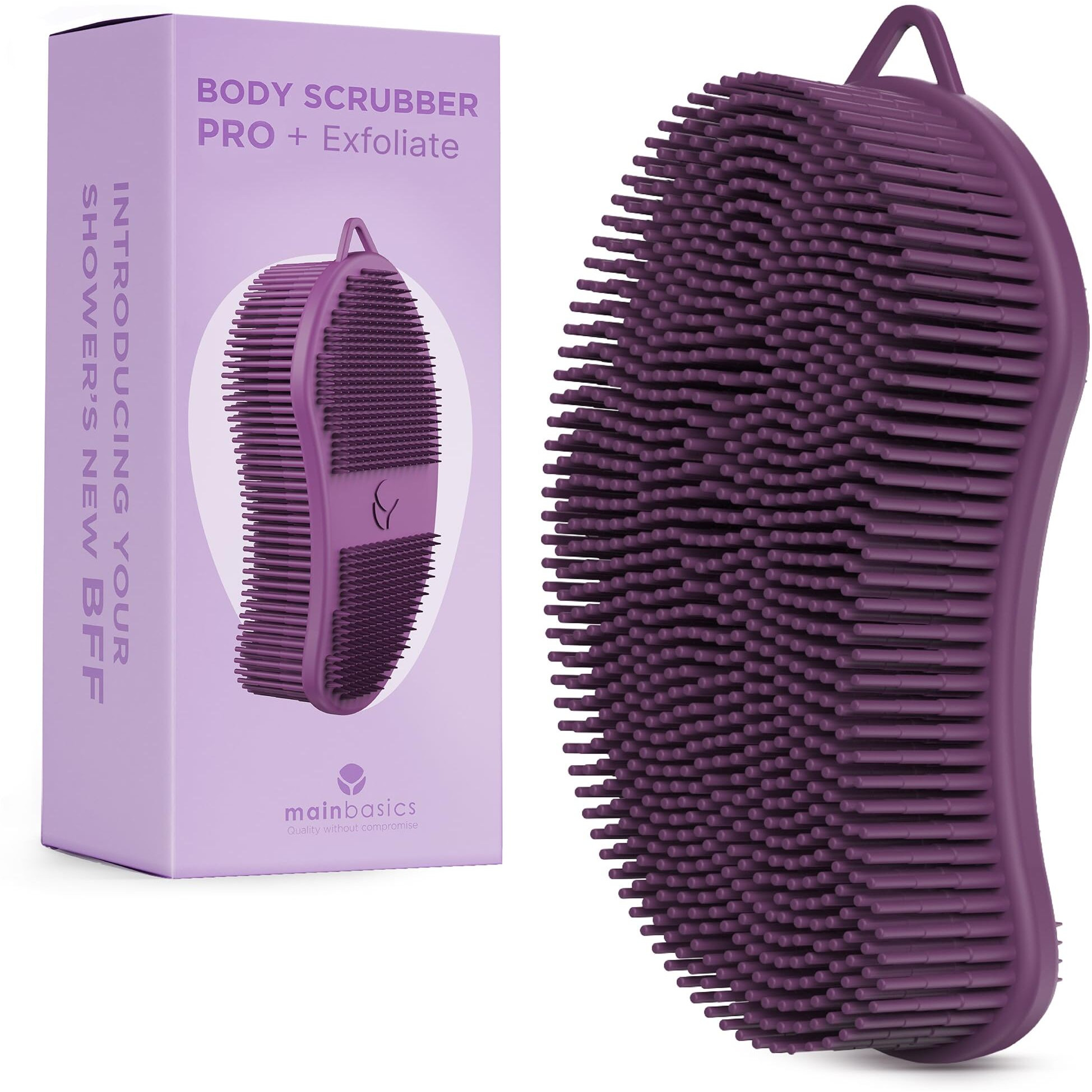 Mainbasics Exfoliating Silicone Body Scrubber Pro 2-In-1 Shower Scrubber For Body, Silicone Loofah And Body Exfoliator (Purple, Body + Exfoliate)
