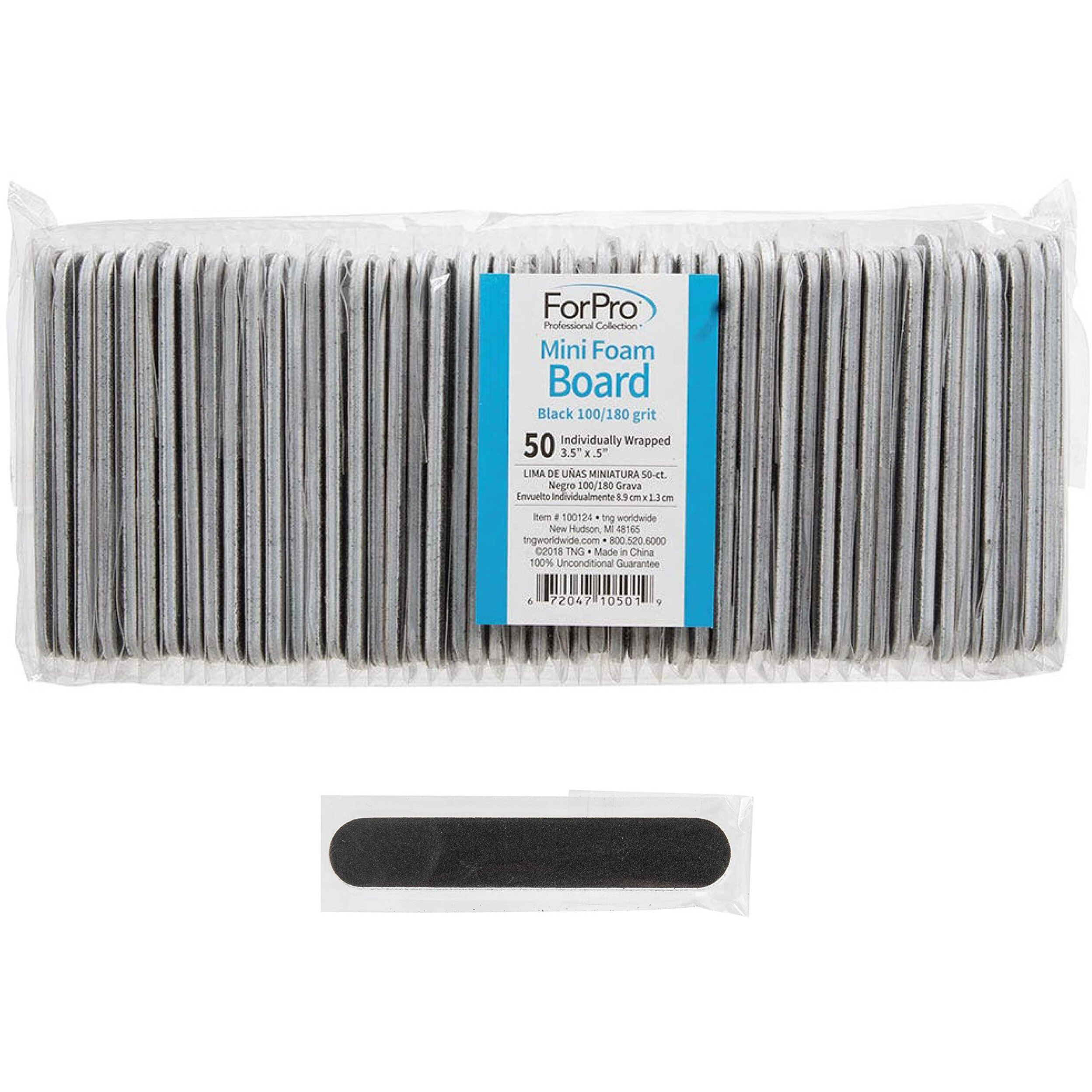 Forpro Professional Collection Mini Foam Board, Black, 100/180 Grit, Double-Sided Manicure Nail File, Individually-Wrapped, 3.5 L X .5 W, 50-Count