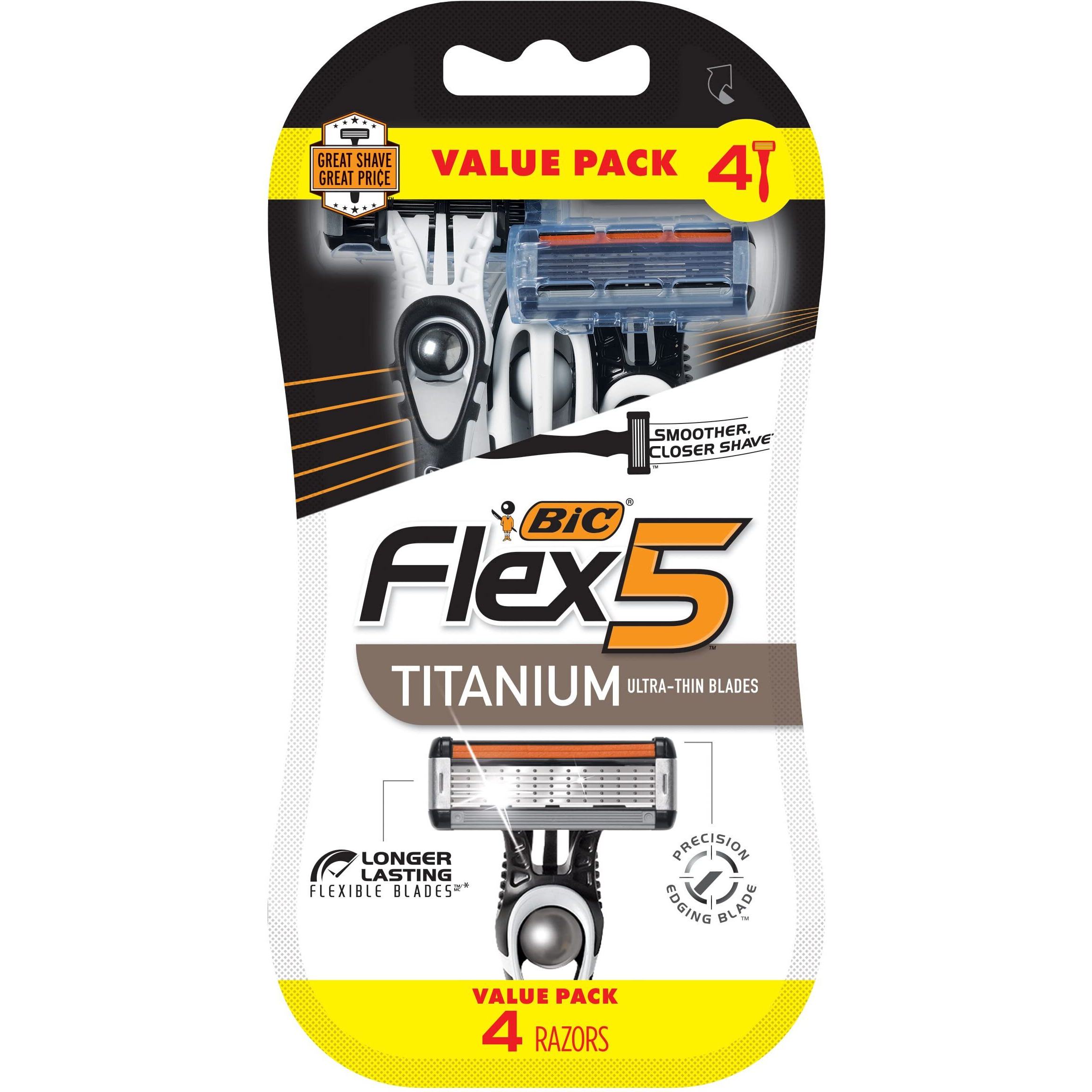 Bic Flex 5 Titanium 5-Blade Disposable Razor For Men, Sensitive Skin Razor For A Smooth, Comfortable And Close Shave, 4 Piece Razor Set