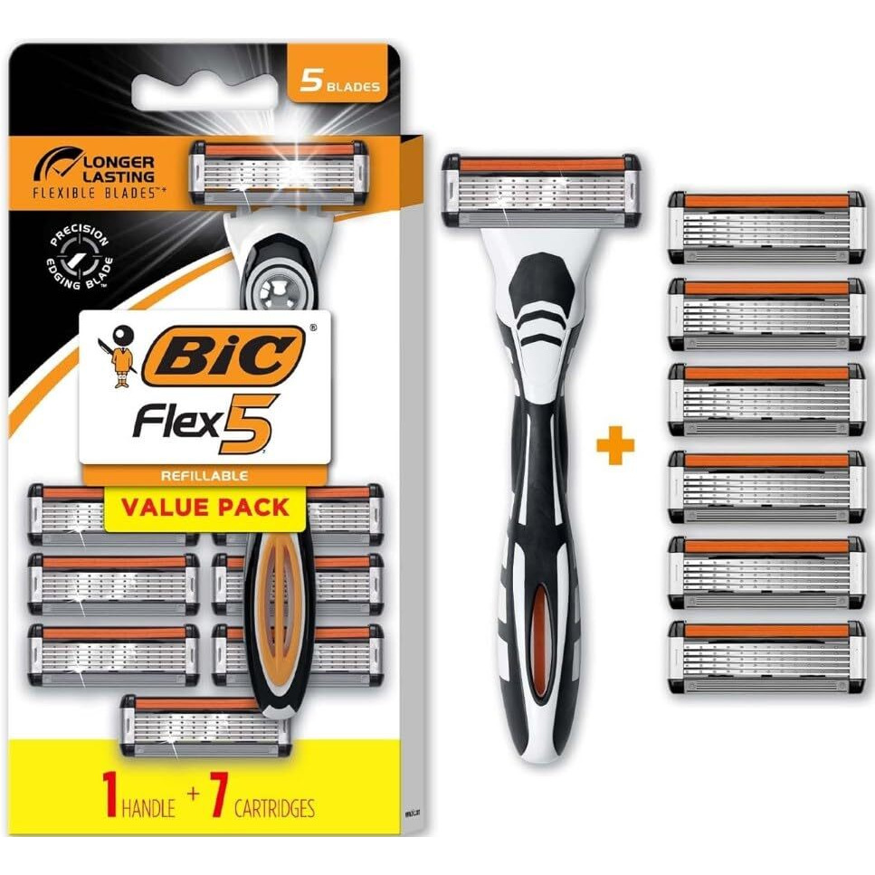 Bic Flex 5 Refillable Razors For Men, Long-Lasting 5 Blade Razors For A Smooth And Comfortable Shave, 1 Handle And 7 Cartridges, 8 Piece Shaving Kit