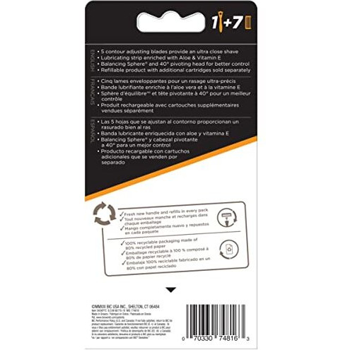 Bic Flex 5 Refillable Razors For Men, Long-Lasting 5 Blade Razors For A Smooth And Comfortable Shave, 1 Handle And 7 Cartridges, 8 Piece Shaving Kit