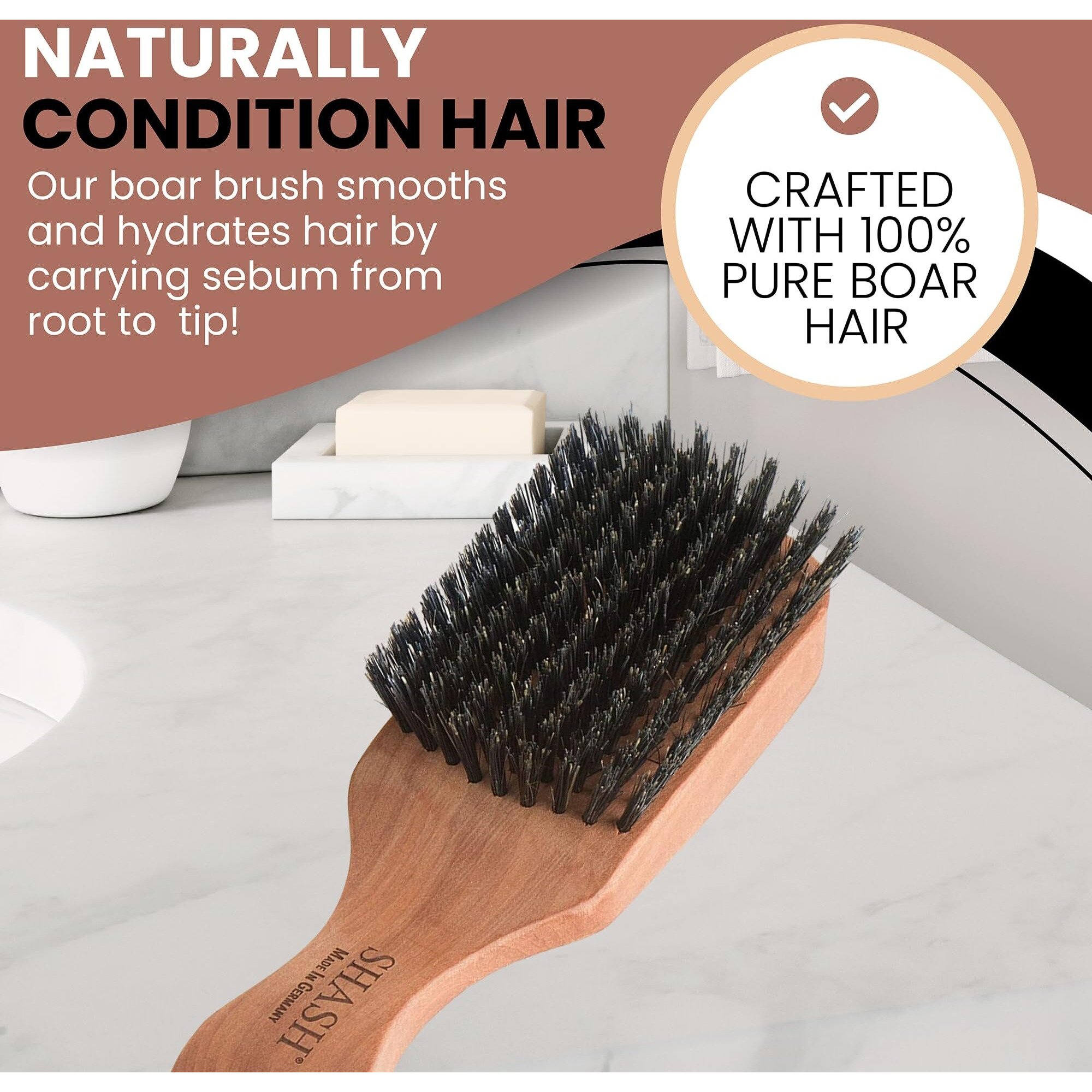 Shash Since 1869 Handmade In Germany - The Go-To 100% Boar Bristle Hair Brush For Thin To Normal Hair | Naturally Conditions, Improves Texture, Exfoliates, And Stimulates The Scalp
