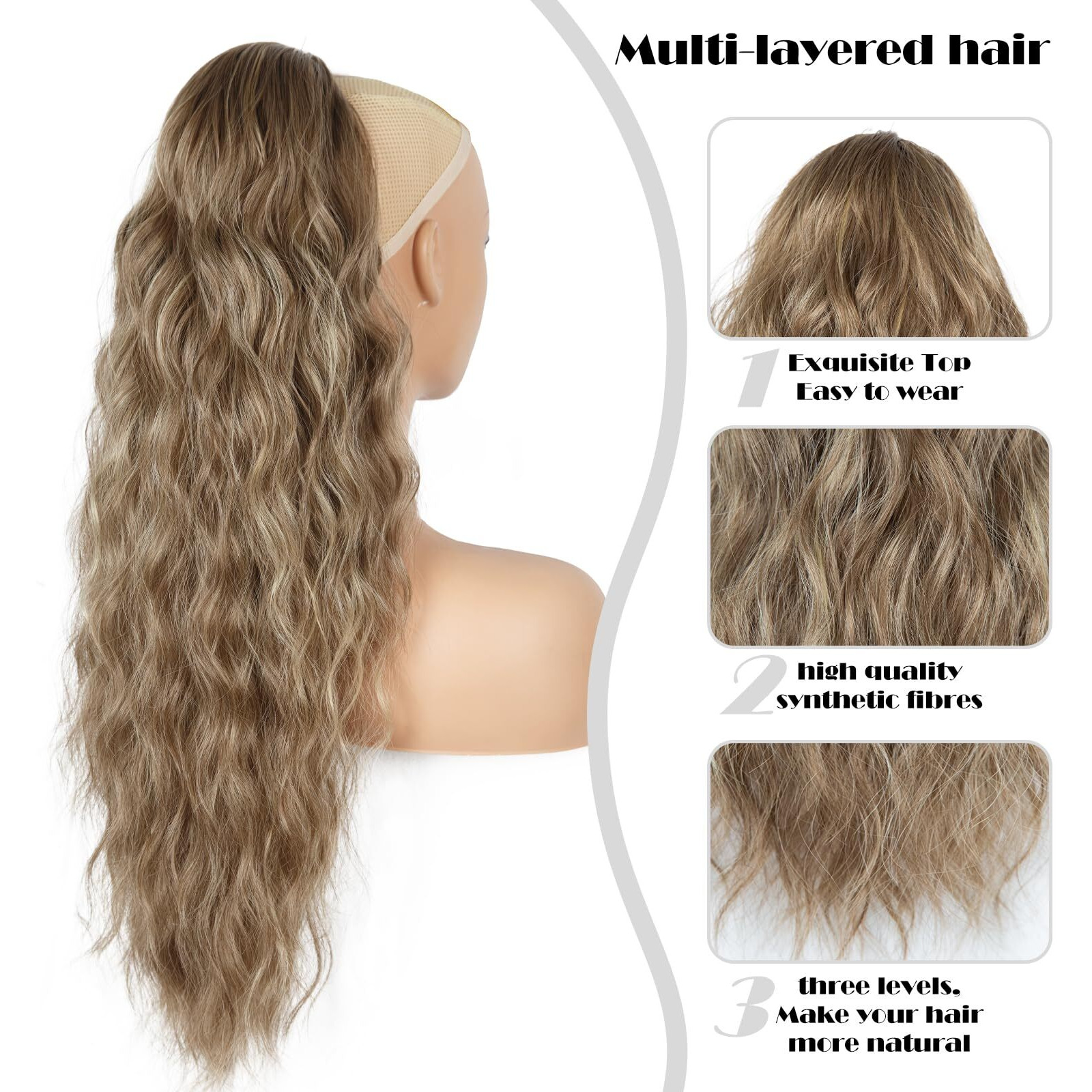 Ponytail Extension For Women, 26 Inch Drawstring Ponytail Extension, Wavy Pony Tails Hair Extensions, Synthetic Hair Extensions Ponytail For Daily Use (Medium Brown Highlighted Blonde)