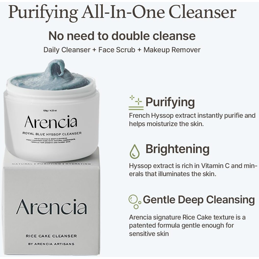 Arencia Korean Rice Mochi Face Cleanser & Daily Scrub - Moisturizing, Brightening & Deep-Cleansing - All Skin Types, Vegan, Organic - With Rice Powder, Rice Water & Green Tea (1.76Oz)