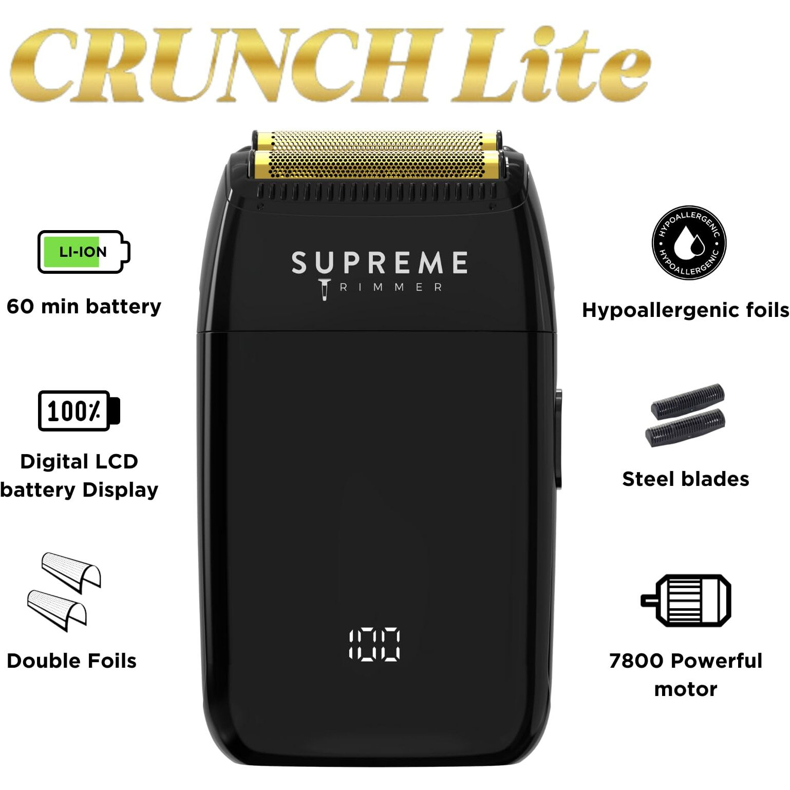 Supreme Trimmer Crunch Lite Foil Shaver For Men (60 Minute Runtime) Men's Electric Razor For Bald Head, Stubble |Stf600 Black