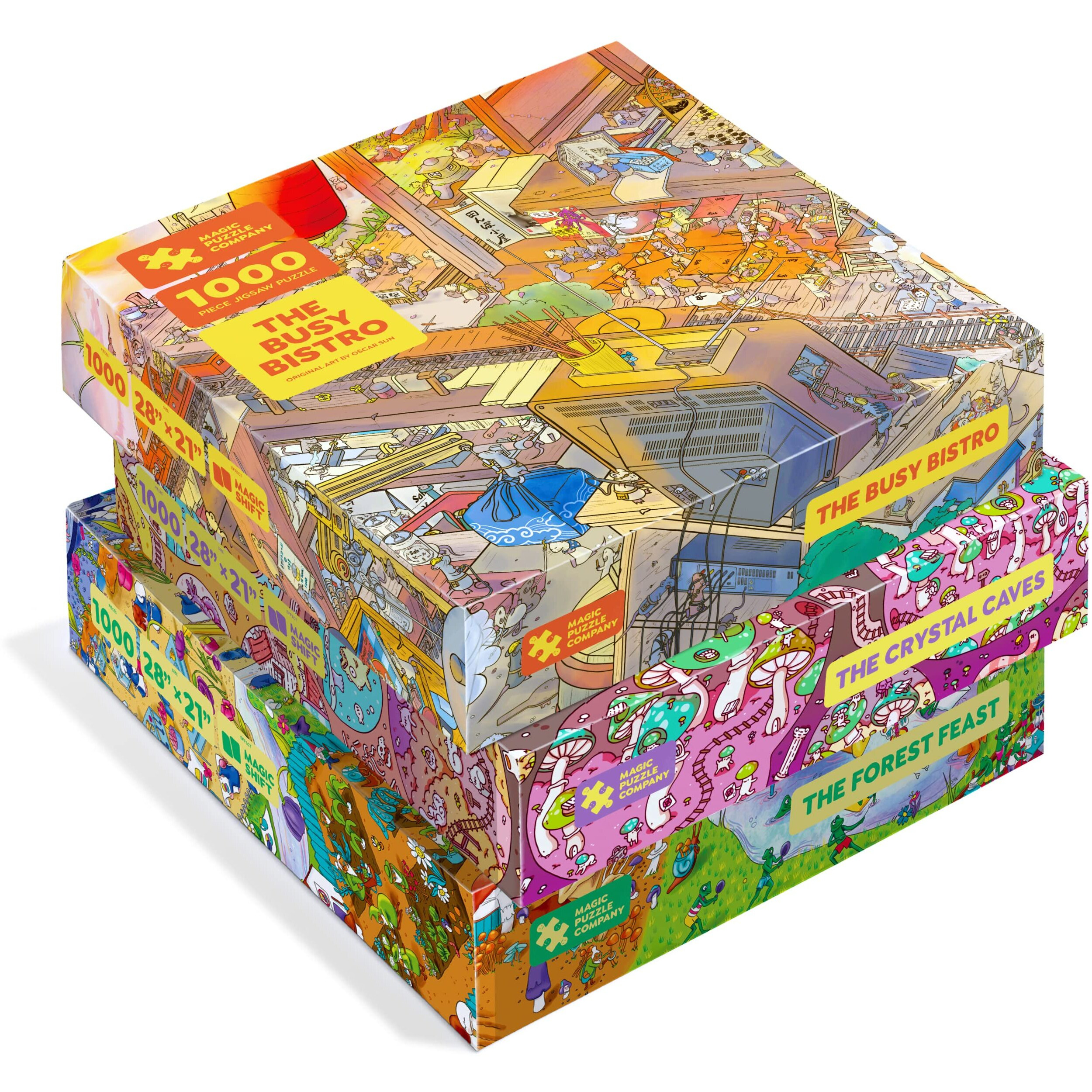 Magic Puzzles 3-Pack  Series Two  The Busy Bistro, The Crystal Caves, & The Forest Feast  1000 Piece Jigsaw Puzzles From The Magic Puzzle Company