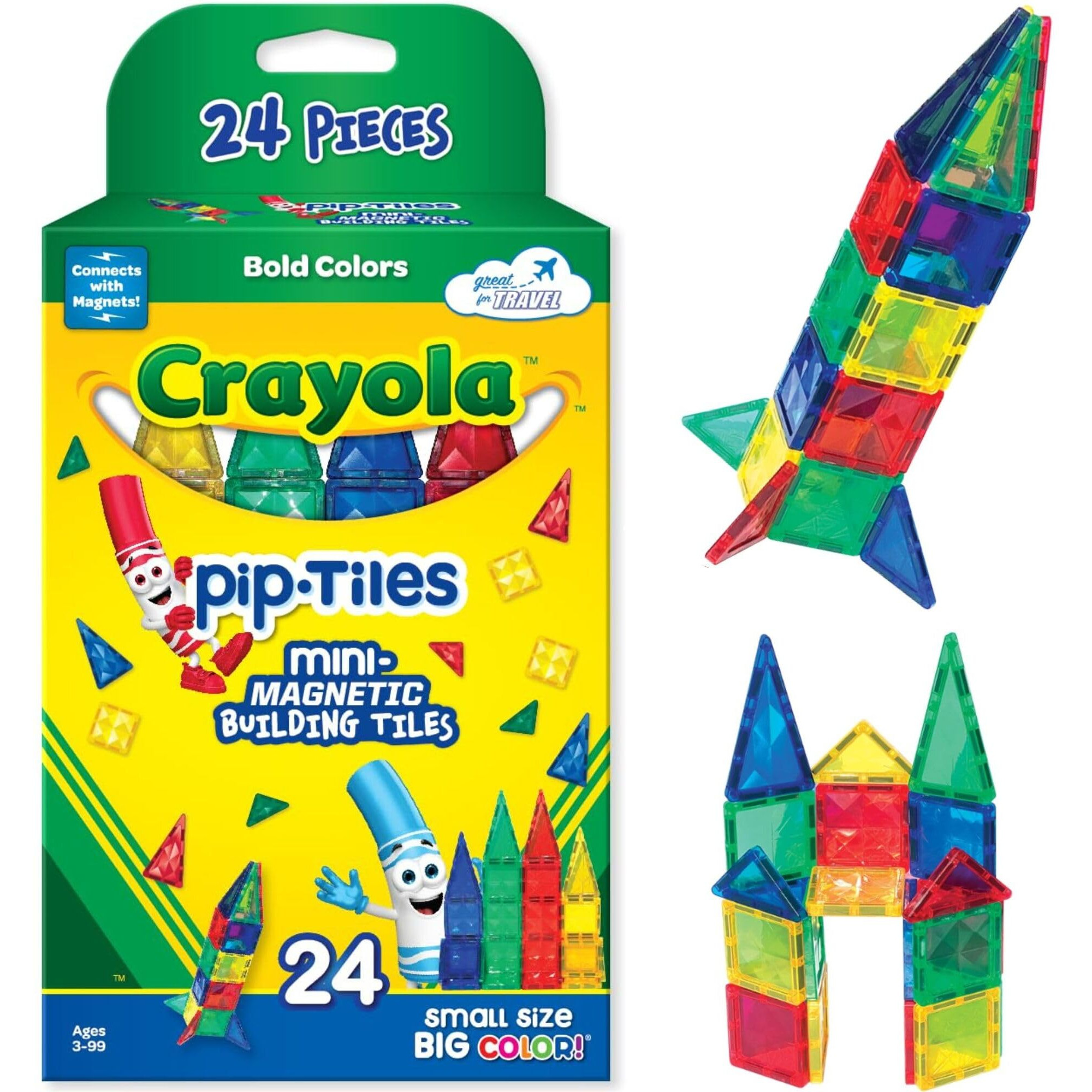 Createon Crayola Mini Magnetic Pip-Tiles, Building Set For Kids, Magnetic Building Toys For Kids, Stem Travel Toys For Boys And Girls Ages 3+, 24-Piece Set (Bold)