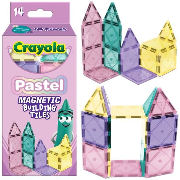 Createon Crayola Magnetic Tiles, Building Set For Kids, Magnetic Building Toys For Kids, Stem Travel Toys For Boys And Girls Ages 3+, 14-Piece Set (Pastel)