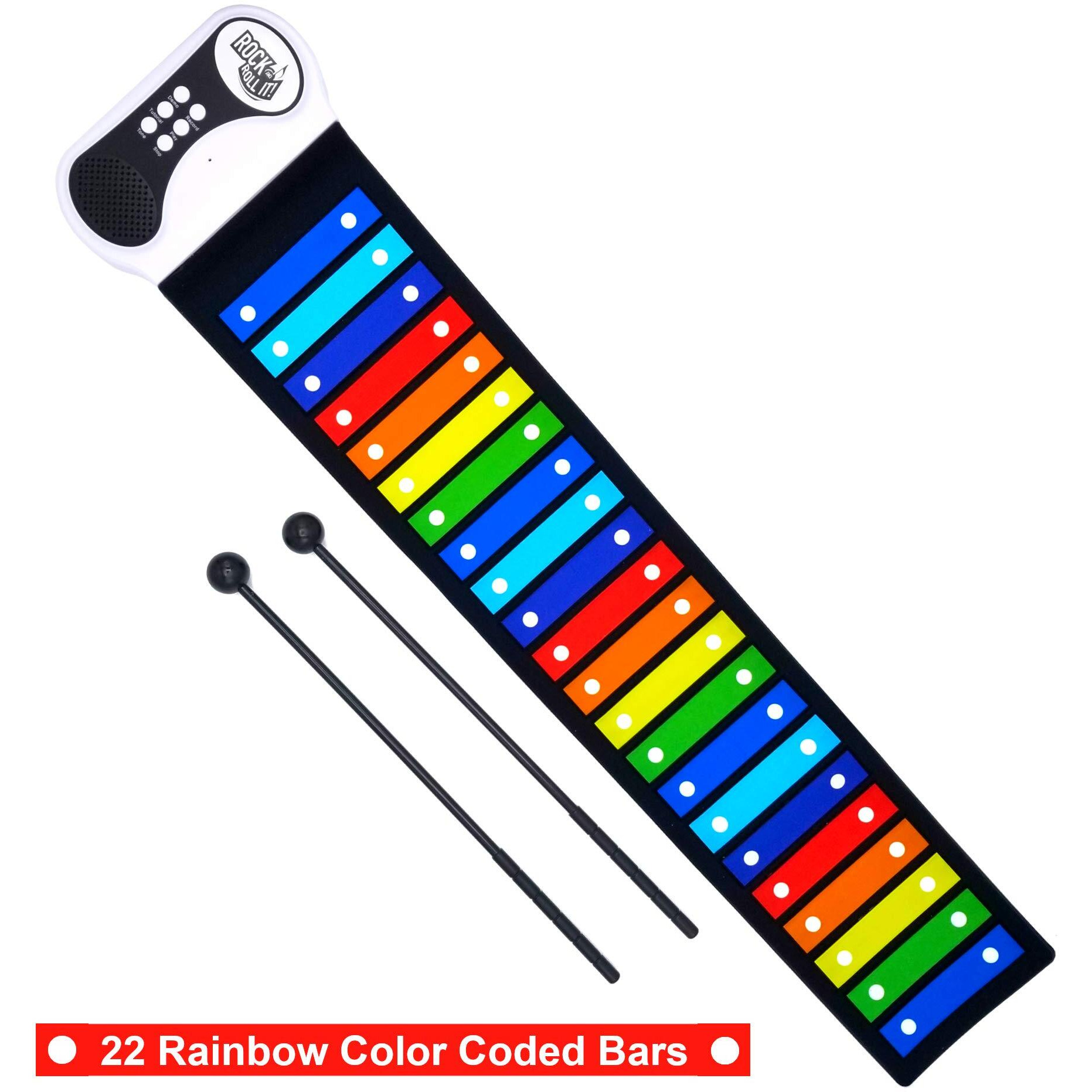 Rock And Roll It - Rainbow Xylophone. Portable & Flexible Standard Size Electronic Pad With 22 Color Coded Bars & Song Booklet. Usb Or Battery Powered, Built-In Speaker & Audio Output Support.