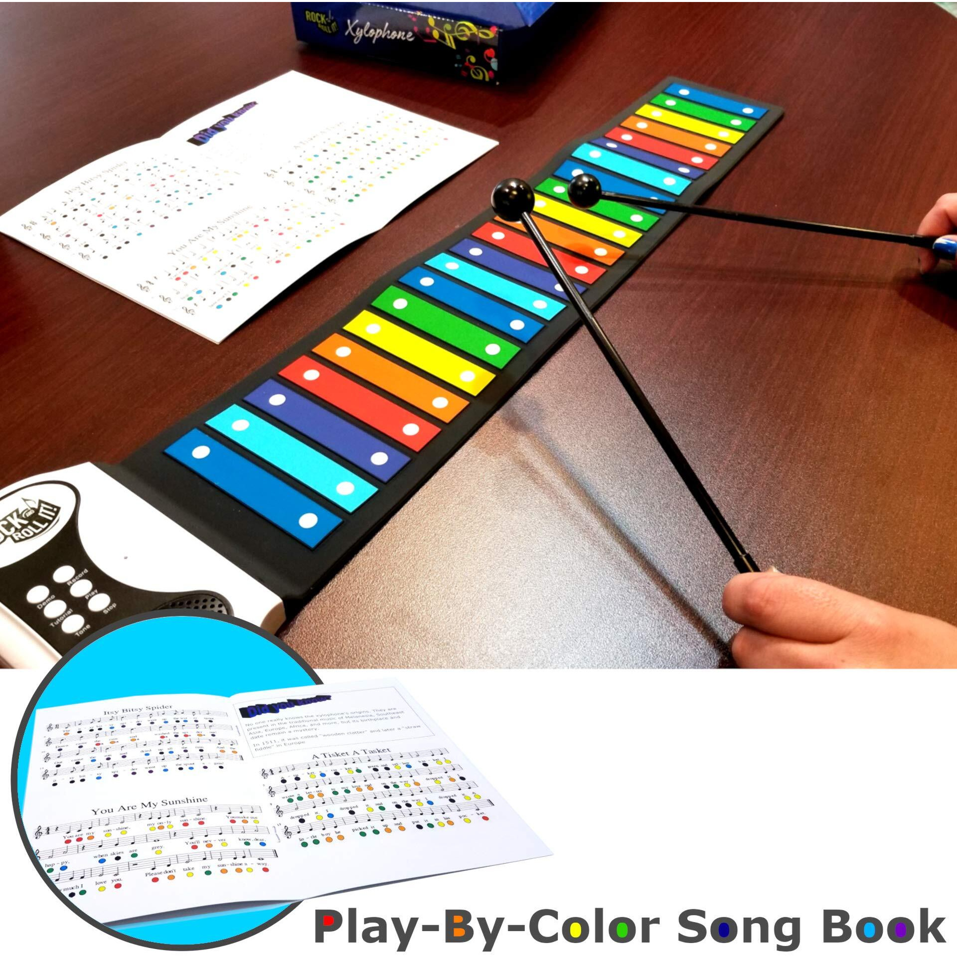 Rock And Roll It - Rainbow Xylophone. Portable & Flexible Standard Size Electronic Pad With 22 Color Coded Bars & Song Booklet. Usb Or Battery Powered, Built-In Speaker & Audio Output Support.