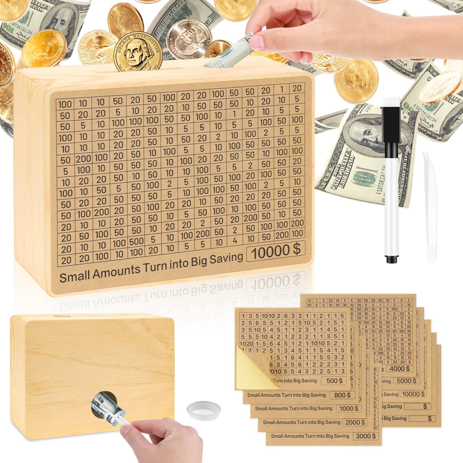 Wooden Money Box With 10 Saving Targets, One Piece Cash Vault Wooden Savings Box With 10000 5000 4000 3000 2000 1000 800 500 Dollars Goals For For Adults Kids Boys Girls (Wood)
