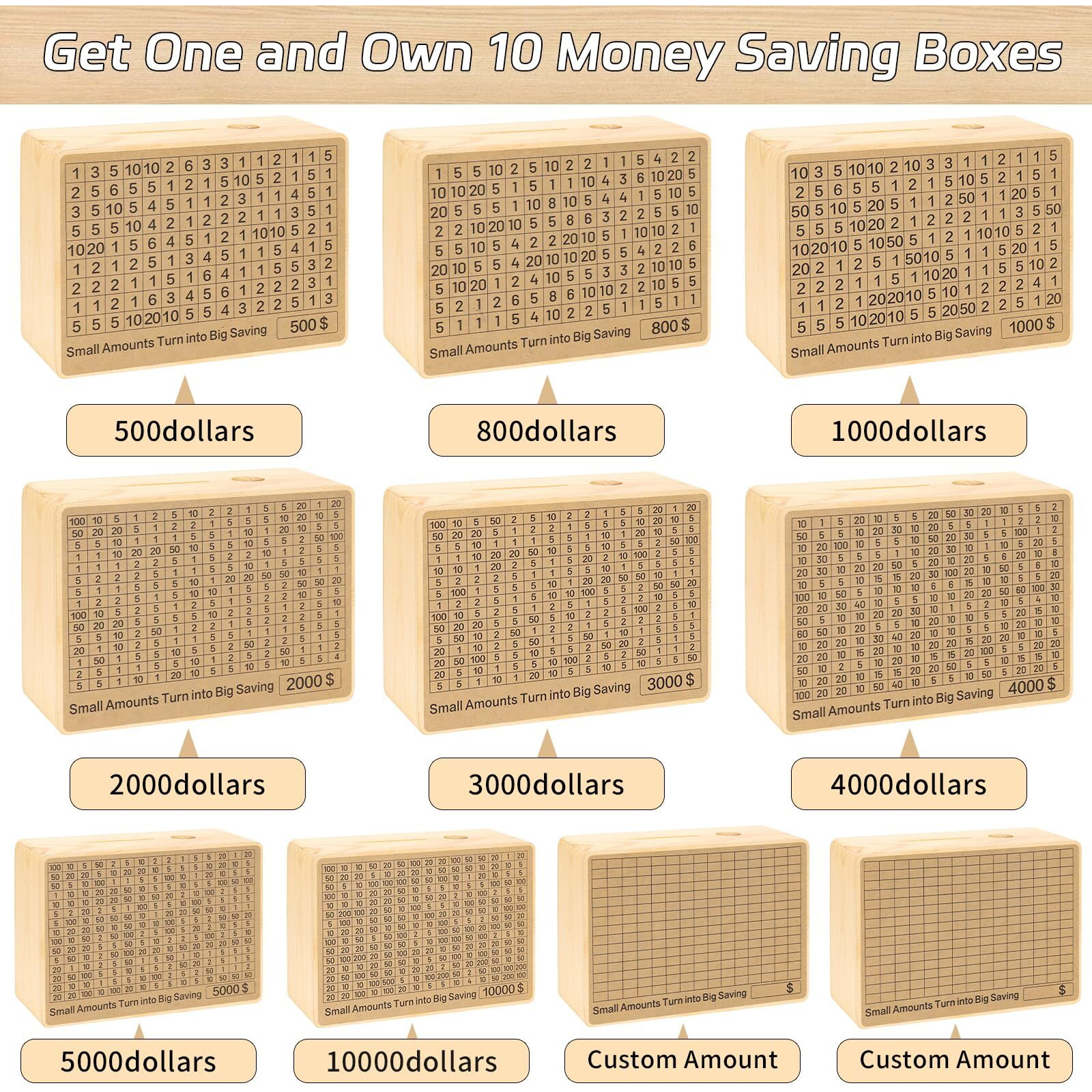 Wooden Money Box With 10 Saving Targets, One Piece Cash Vault Wooden Savings Box With 10000 5000 4000 3000 2000 1000 800 500 Dollars Goals For For Adults Kids Boys Girls (Wood)