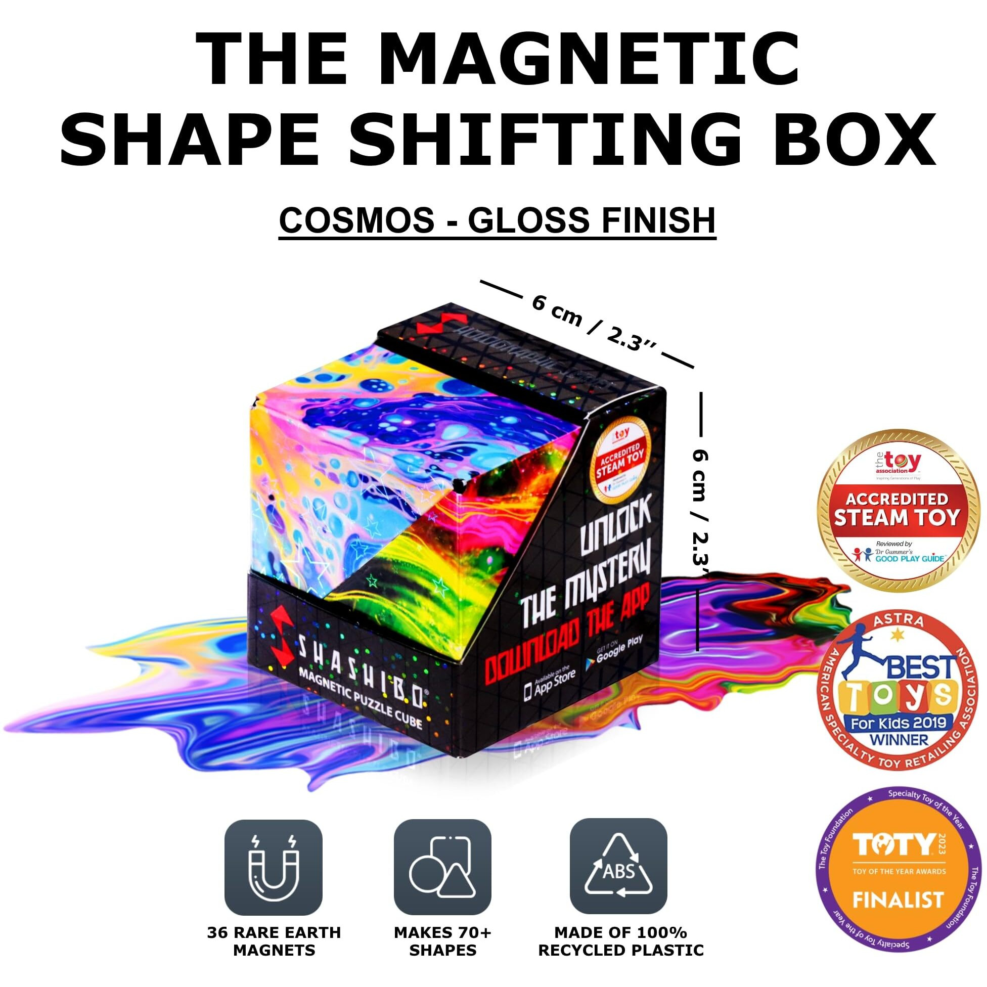 Shashibo Shape Shifting Box - Award-Winning, Patented Fidget Cube W/ 36 Rare Earth Magnets - Transforms Into Over 70 Shapes, Download Fun In Motion Toys Mobile App (Holographic - Cosmos)