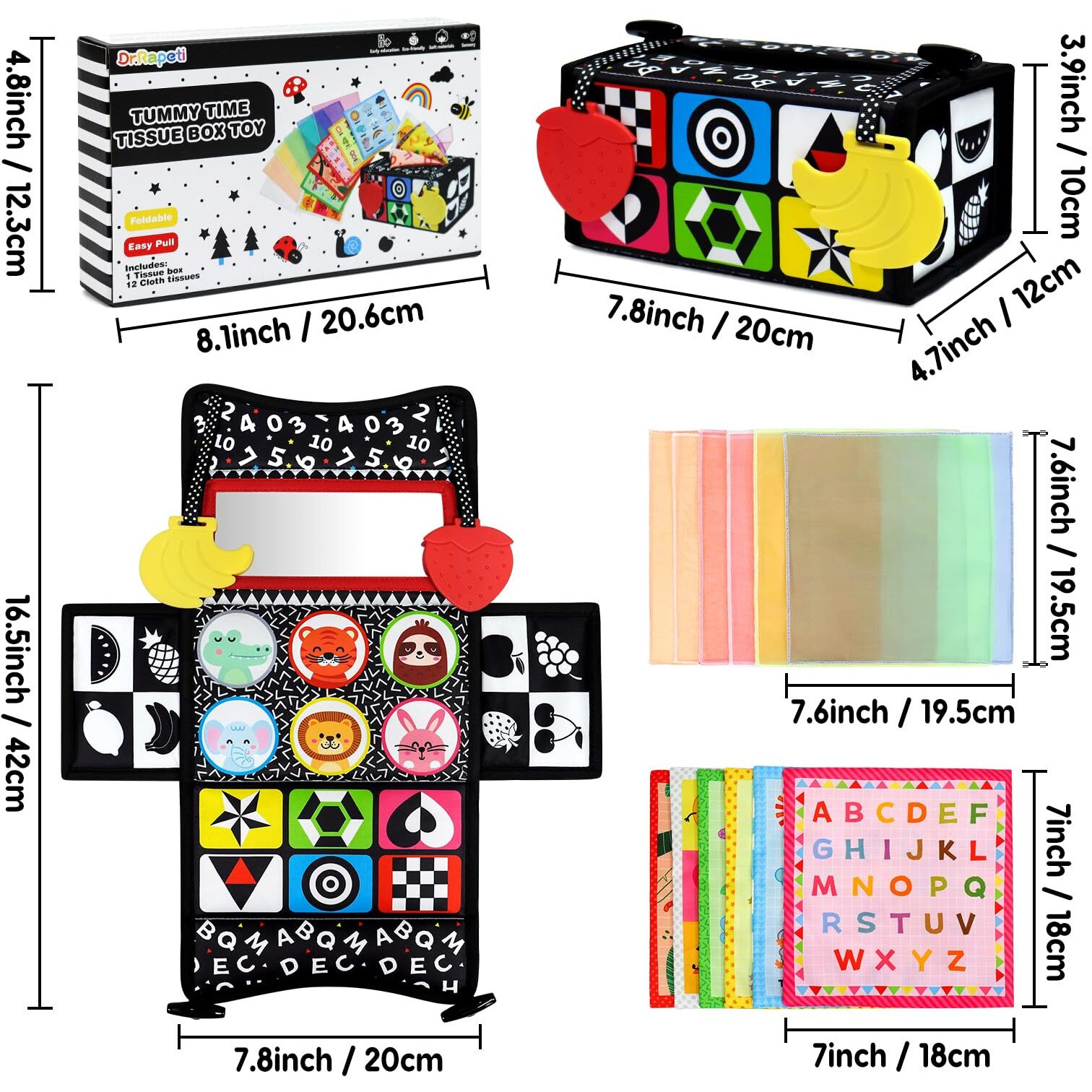 Dr.Rapeti Tummy Time Mirror Toy Tissue Box Toy 3In1 Baby Toy Black And White High Contrast Double-Sided Foldable Sensory Montessori Toy Crinkle Silk Scarves Teethers 0-6 6-12 Month Newborn Infant Baby
