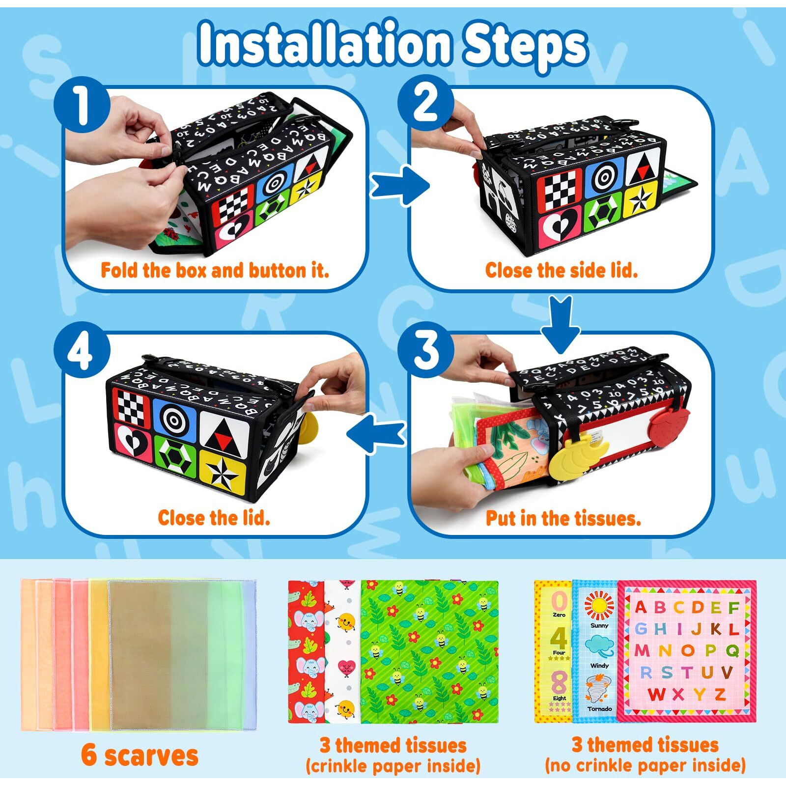 Dr.Rapeti Tummy Time Mirror Toy Tissue Box Toy 3In1 Baby Toy Black And White High Contrast Double-Sided Foldable Sensory Montessori Toy Crinkle Silk Scarves Teethers 0-6 6-12 Month Newborn Infant Baby