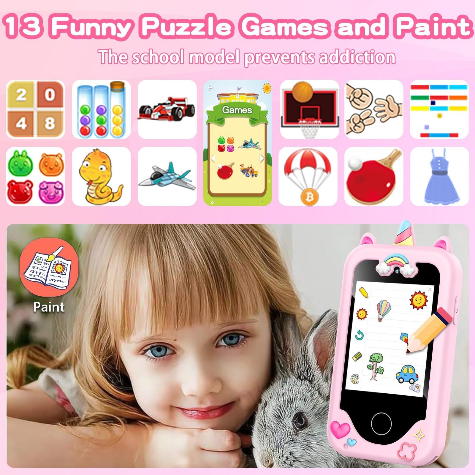 Nikuku Kids Phone For Girls, Kids Smart Phone Christmas Birthday Gifts For Girls Age 3-8, Toddler Touchscreen Pretend Play Phones For 3 4 5 6 7 8 Year Old, Cell Phone Toys With Learning Games(Pink)