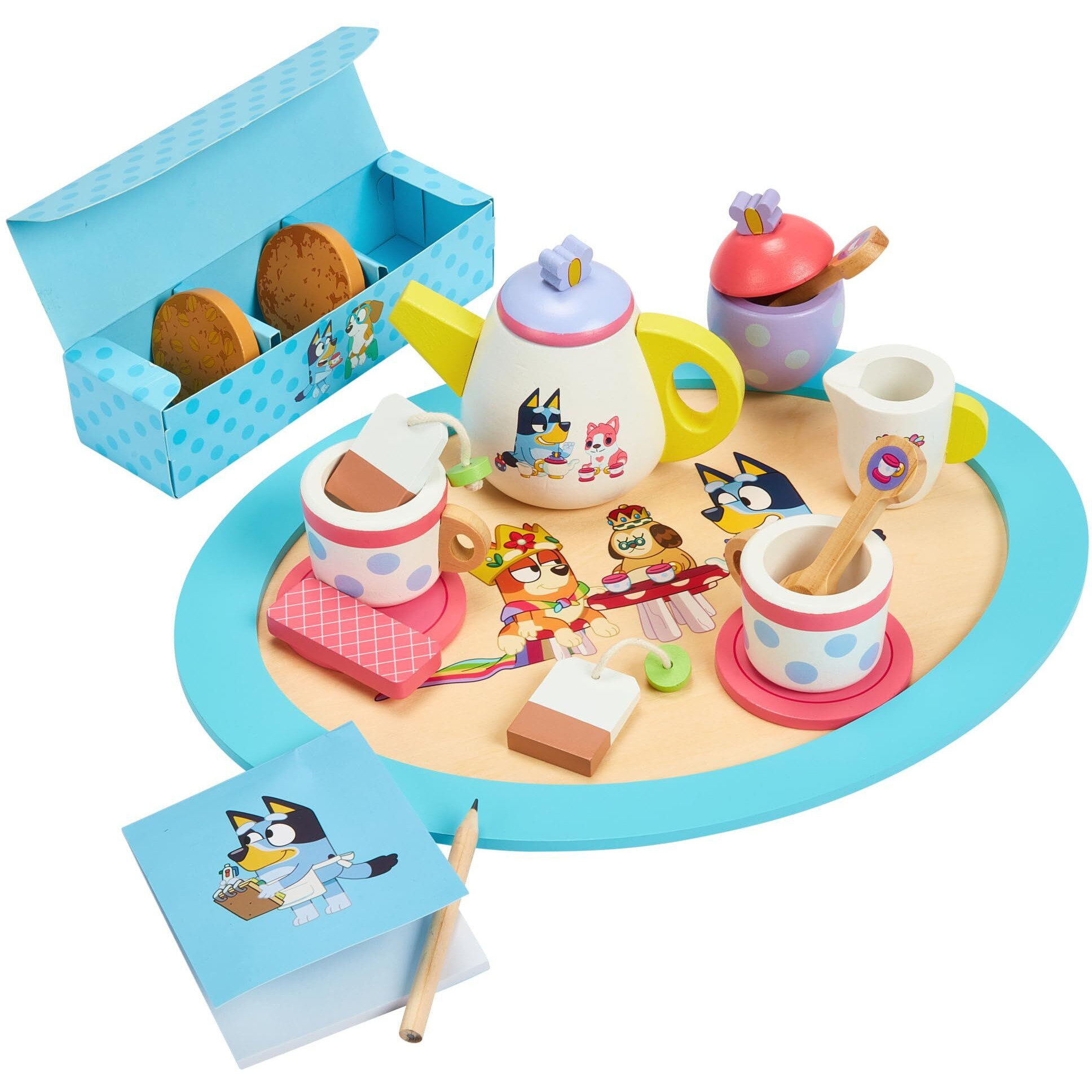 Bluey - Tea Party Set - Wooden 18-Piece Pretend Play Set With Tray, Teapot, Tea Cups, Biscuits, And Notepad For Children 3 Years And Up - Imaginative Fun And Role-Playing, Fsc Certified