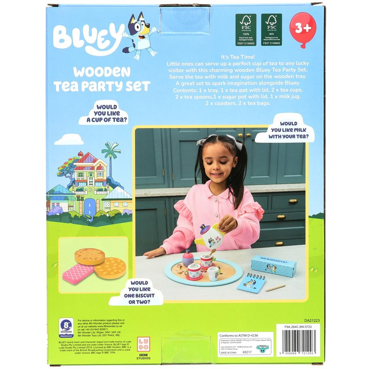 Bluey - Tea Party Set - Wooden 18-Piece Pretend Play Set With Tray, Teapot, Tea Cups, Biscuits, And Notepad For Children 3 Years And Up - Imaginative Fun And Role-Playing, Fsc Certified