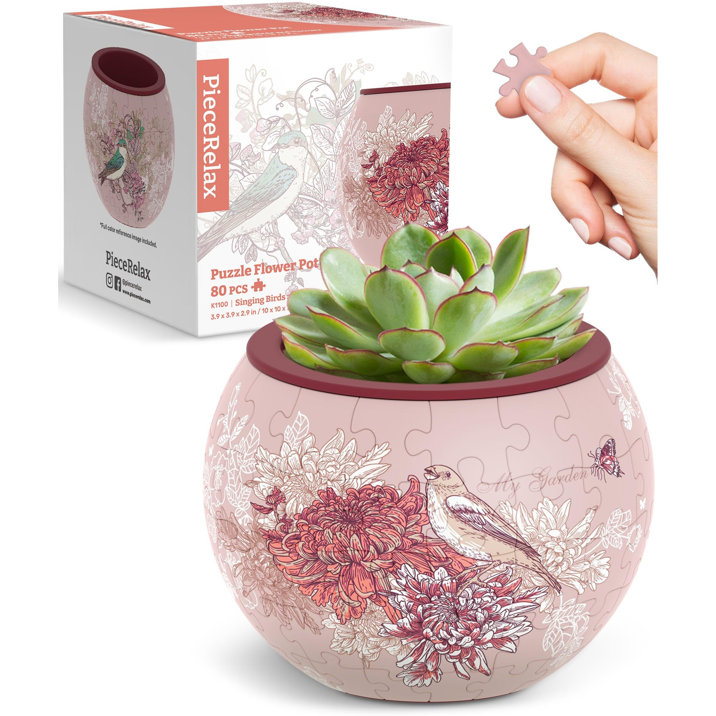Piecerelax 3D Puzzle Planter - Singing Birds And Flowers - Small Round Plant Pots With Drainage, Home Decor Flower Pots For Indoor Cactus, Succulents Pots [K1100]