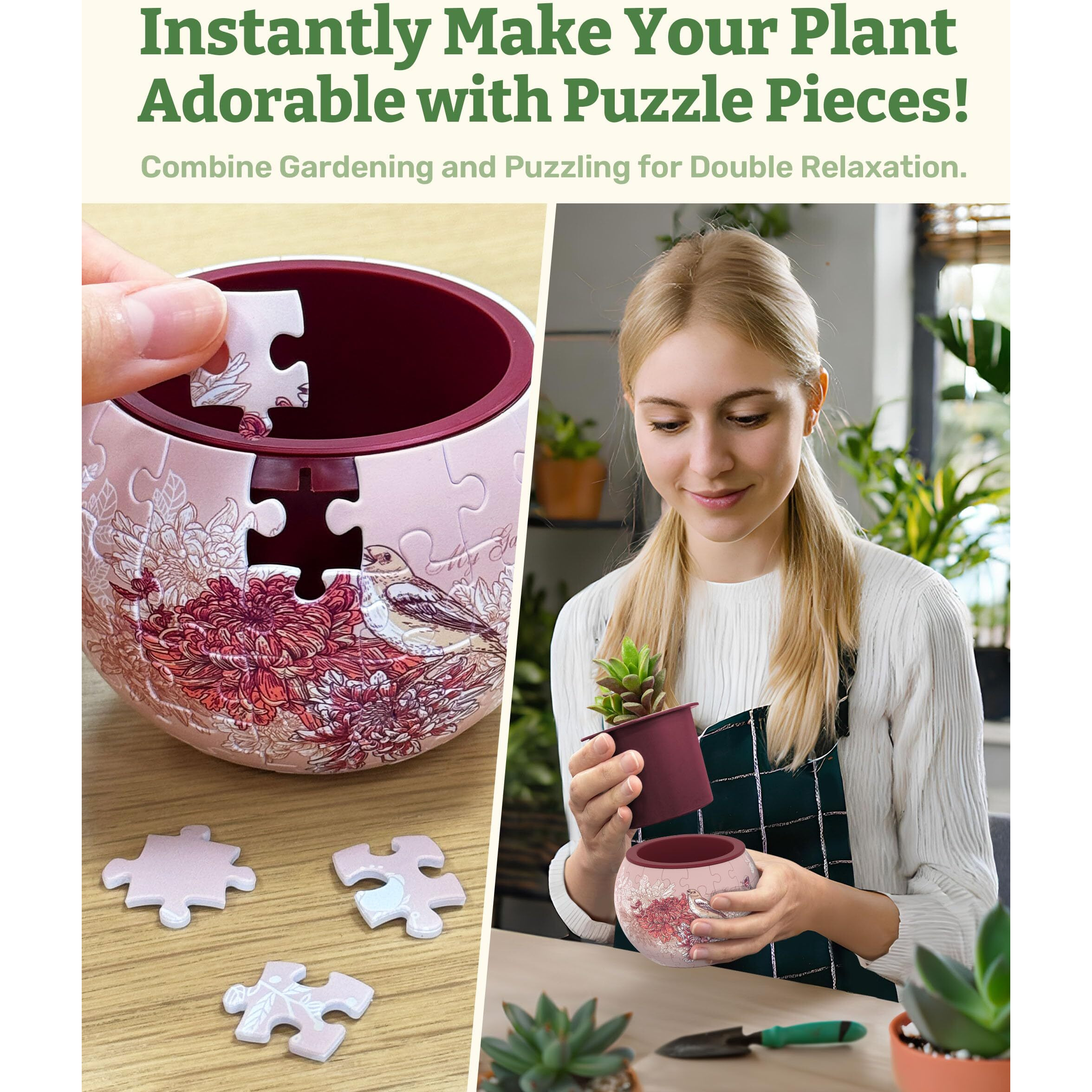 Piecerelax 3D Puzzle Planter - Singing Birds And Flowers - Small Round Plant Pots With Drainage, Home Decor Flower Pots For Indoor Cactus, Succulents Pots [K1100]