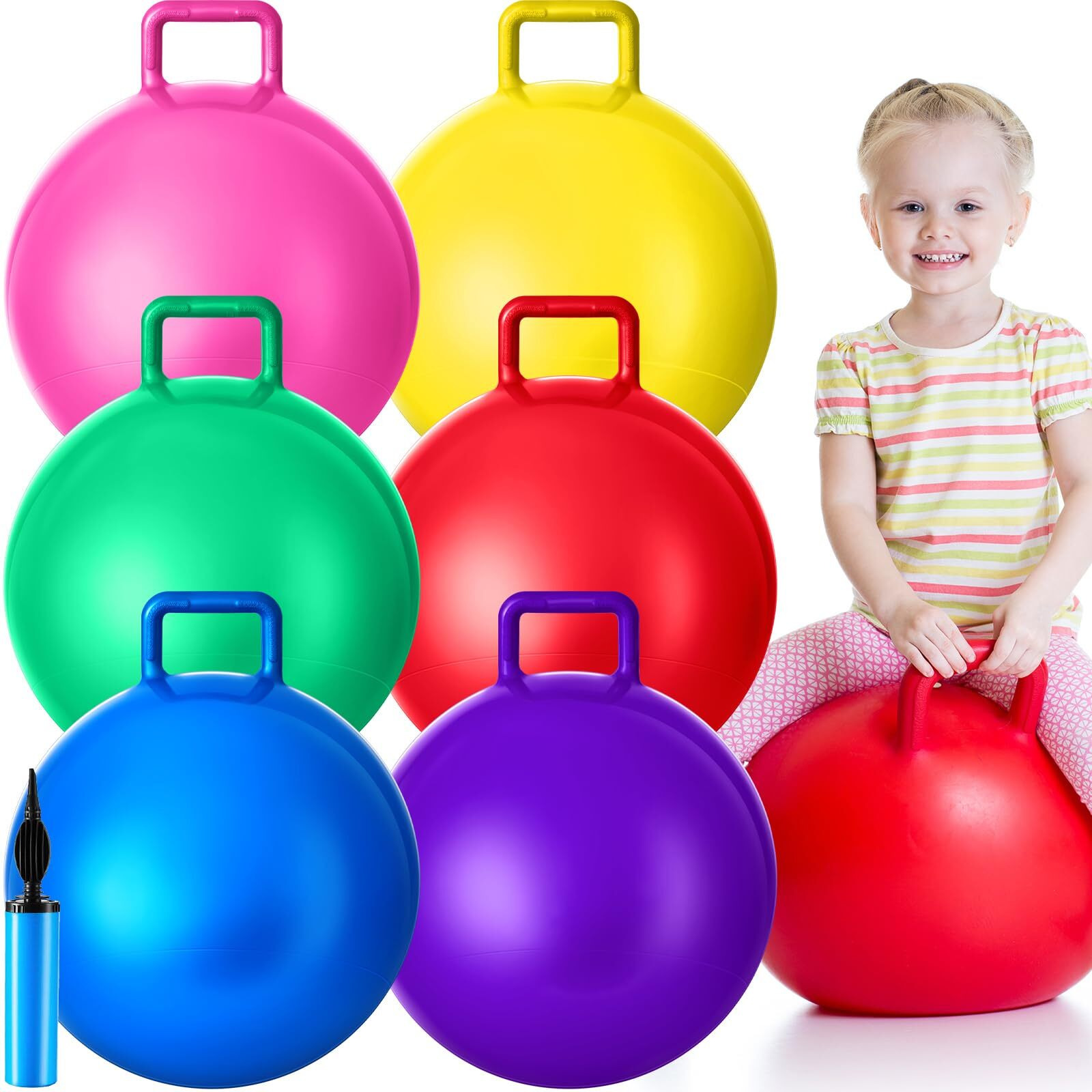 Lewtemi 6 Pcs Hopper Ball 15 Inch Jumping Hopping Inflatable Ball Bouncing Ball With Handle And Air Pump Outdoor Games For Kids Sport Exercise (Red, Blue, Green, Pink, Yellow, Purple)