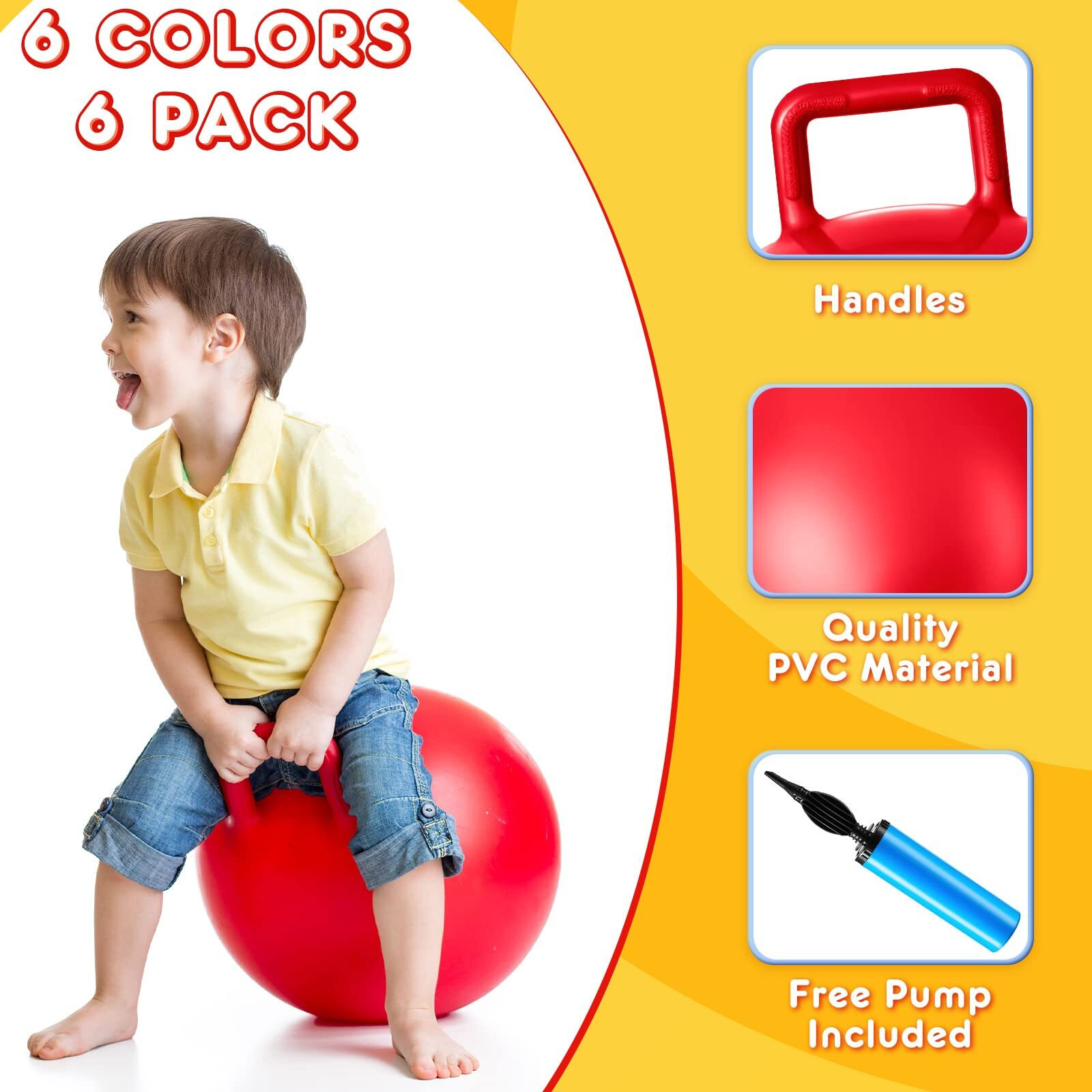 Lewtemi 6 Pcs Hopper Ball 15 Inch Jumping Hopping Inflatable Ball Bouncing Ball With Handle And Air Pump Outdoor Games For Kids Sport Exercise (Red, Blue, Green, Pink, Yellow, Purple)