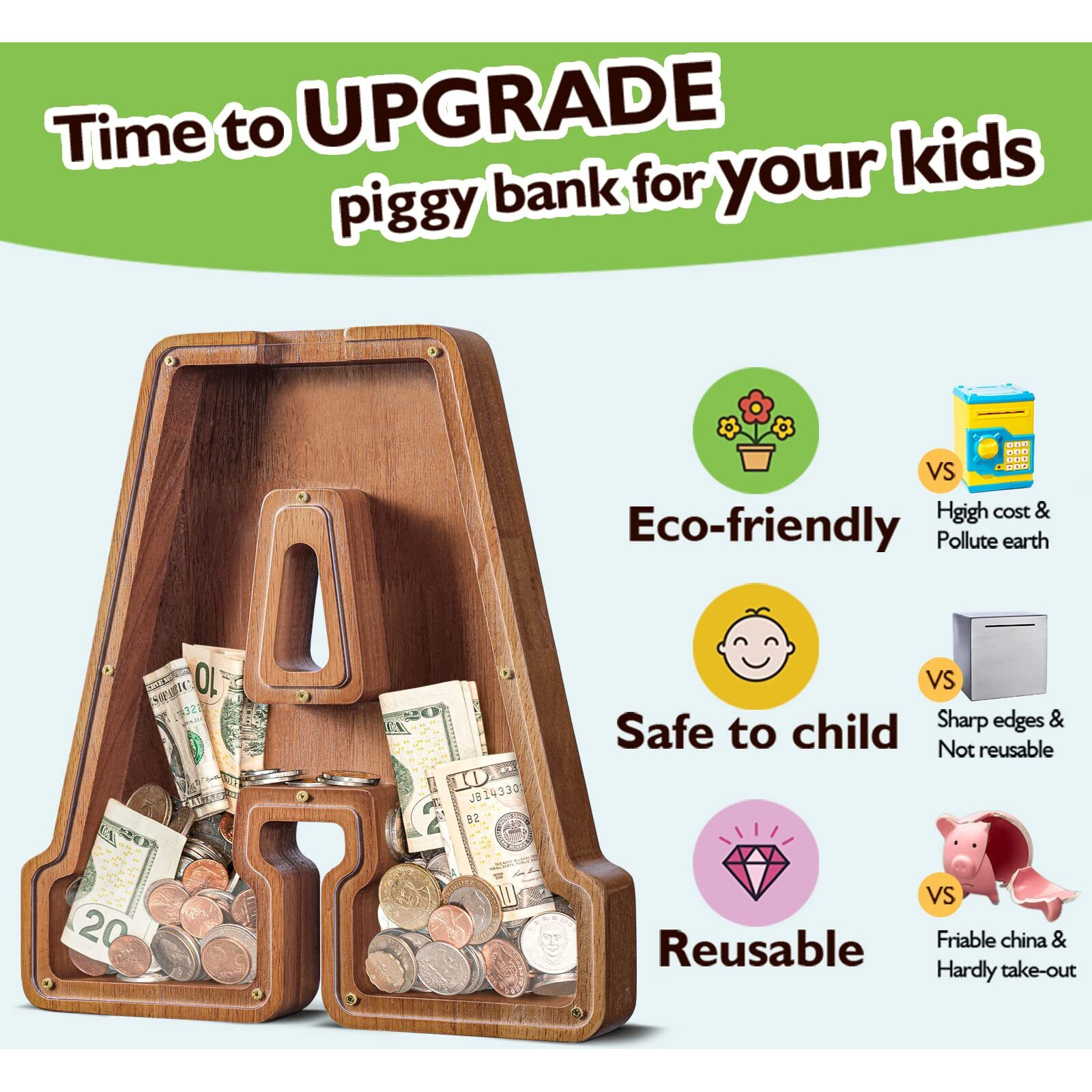 Summidate Extra Large Wooden Piggy Bank| Piggy Bank For Boys Girls Toddler| Alphabet M Money Bank| Coin Bank Birthday Gift For Kids|Children's Day Gift(12&quot- Initial-M)