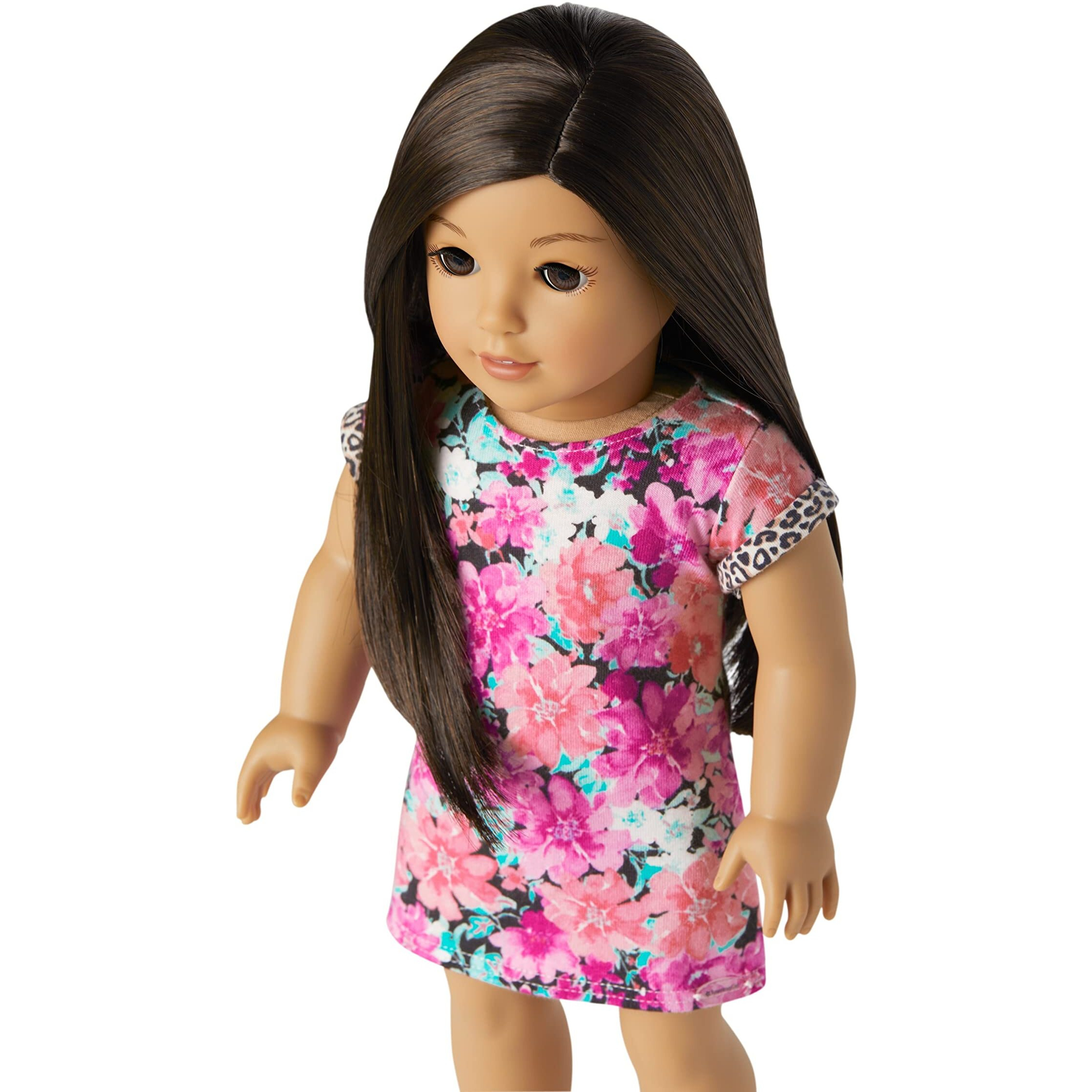 American Girl Truly Me 18-Inch Doll 124 With Brown Eyes, Black-Brown Hair, Lt-To-Med Skin, T-Shirt Dress, For Ages 6+, Floral