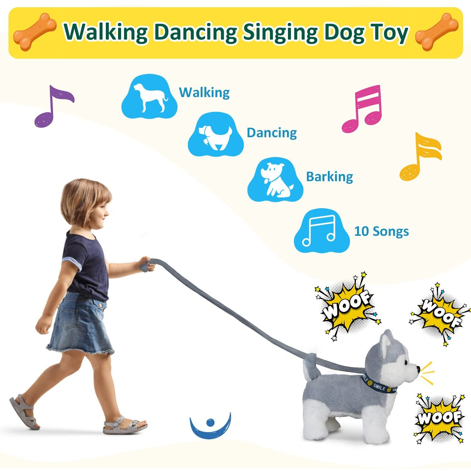 Husky Walking Dog Barking Toy, Musical Singing Dancing Dog, Volume Control Interactive Puppy Walk Along With Leash, Wagging Tail Shaking Head, Robot Dog Plush Stuffed Animal Puppy For Kid