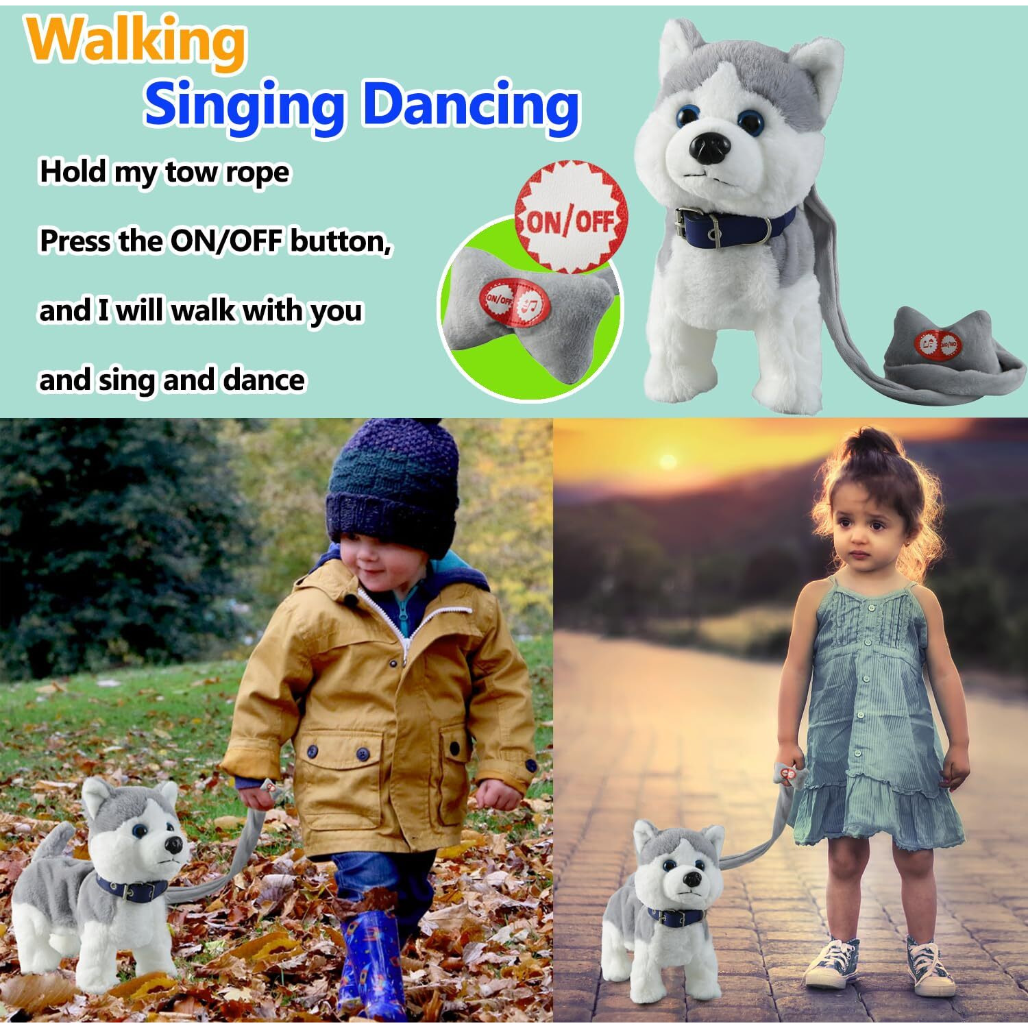 Husky Walking Dog Barking Toy, Musical Singing Dancing Dog, Volume Control Interactive Puppy Walk Along With Leash, Wagging Tail Shaking Head, Robot Dog Plush Stuffed Animal Puppy For Kid