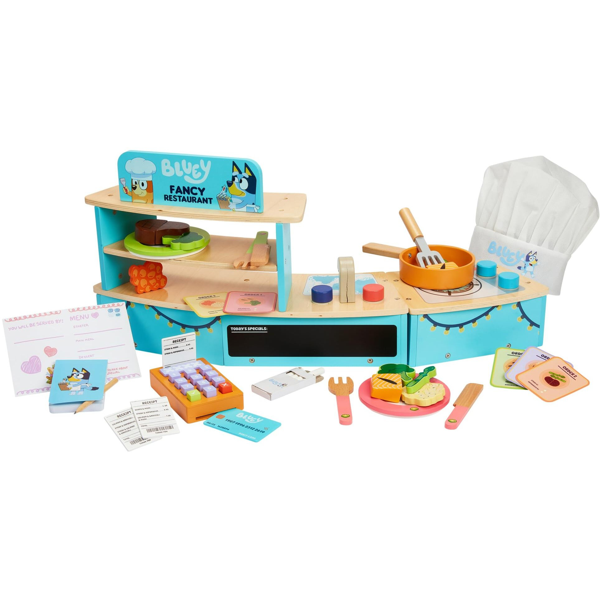 Bluey - Tabletop Restaurant - 32 Piece Wooden Roleplay Toy With Cutlery & Pretend Food Accessories For Kids - Fsc-Certified Material - Fun Imaginative Kit For 3 Years And Up