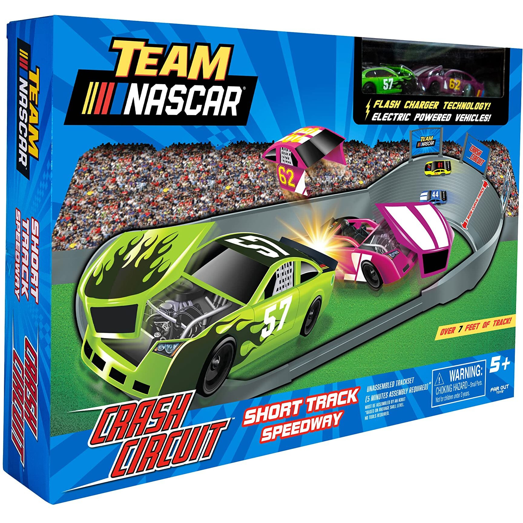 Far Out Toys Nascar Crash Circuit Short Track Speedway | 2 Electric Powered Cars, 2 Flash Chargers, 6 Driver And Pit Crew Figurines, 3.7 Ft Assembled | Capture The Momentum And Thrill Of Nascar