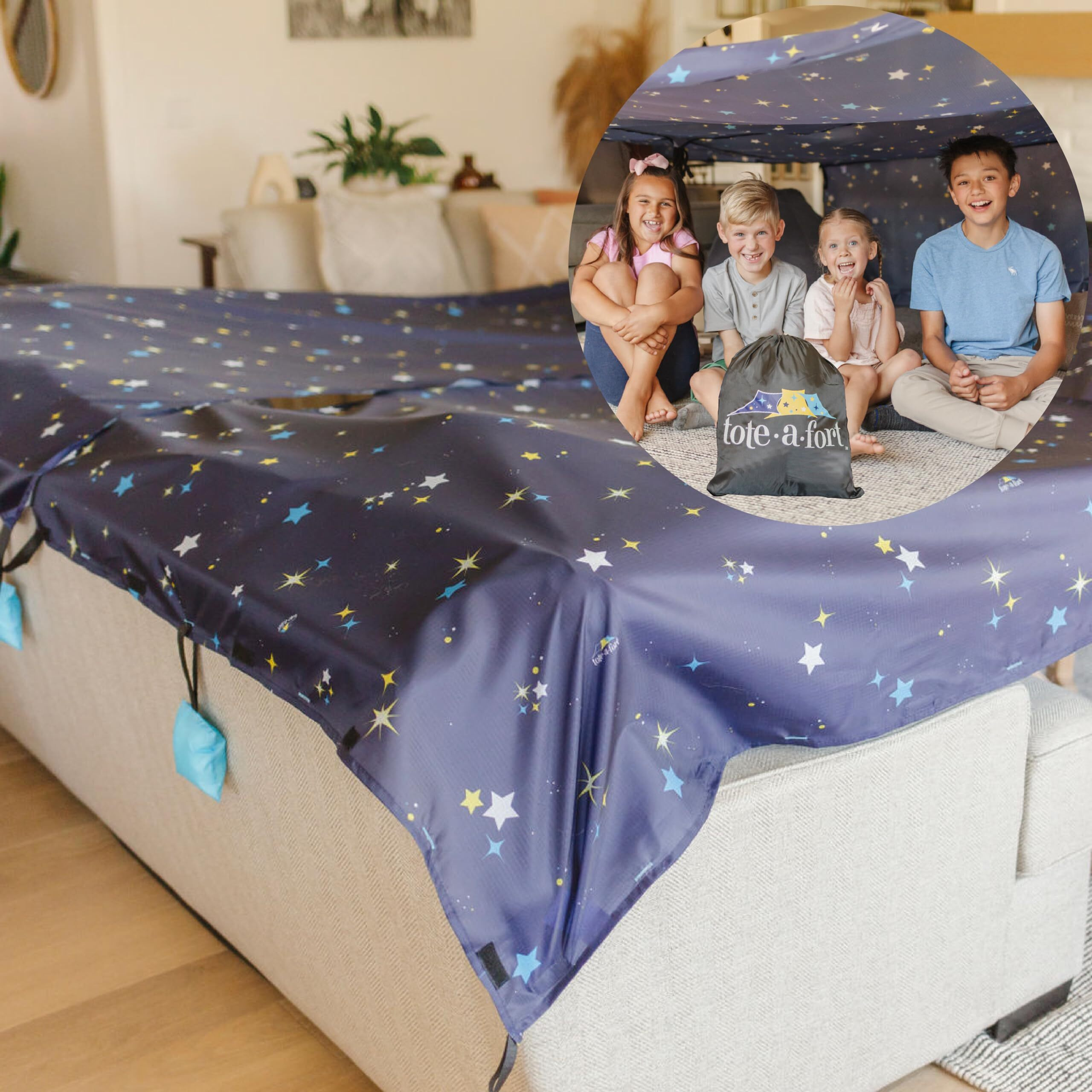 Toteafort Starry Original Blanket Fort Building Kit For Kids Ages 4-8 8-12 Portable Playhouse Play Tent Fort - Boy And Girl Indoor Outdoor 3 Blanket Tote A Fort Toy Set - Stem Fort Toy
