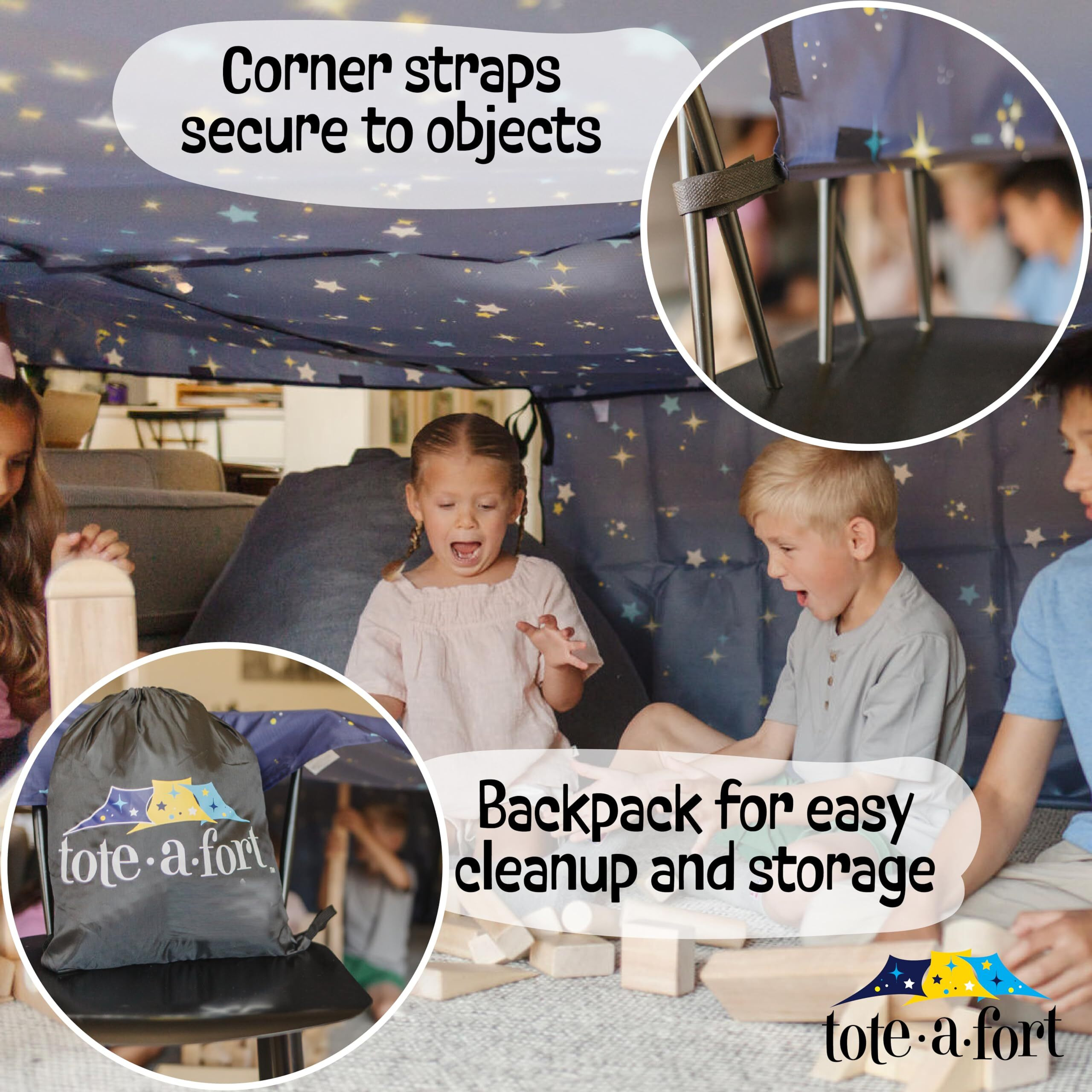Toteafort Starry Original Blanket Fort Building Kit For Kids Ages 4-8 8-12 Portable Playhouse Play Tent Fort - Boy And Girl Indoor Outdoor 3 Blanket Tote A Fort Toy Set - Stem Fort Toy