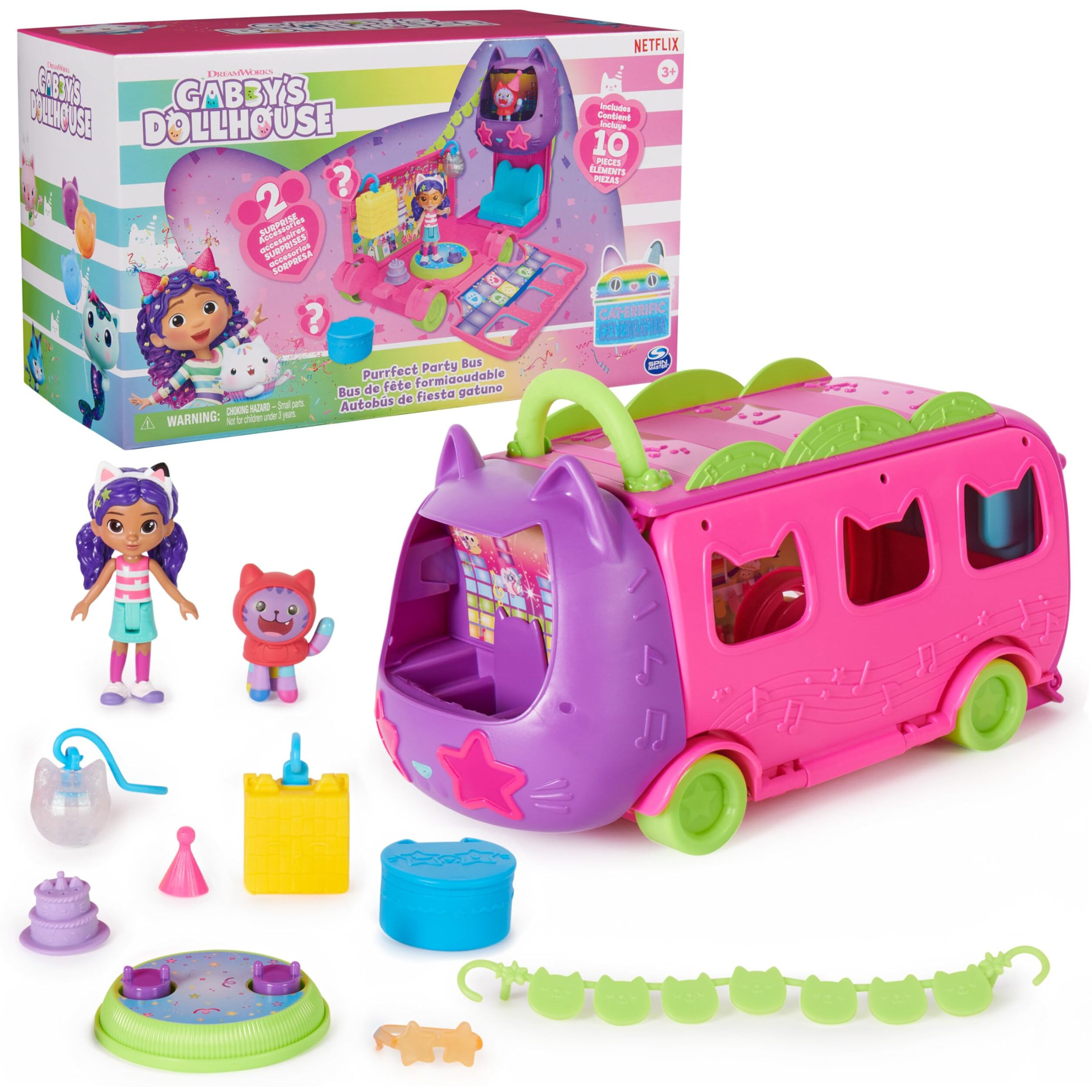 Gabby's Dollhouse Celebration Party Bus, Transforming Playset With Gabby & Dj Catnip Toy Figures & Dollhouse Accessories, Kids Toys For Ages 3 And Up
